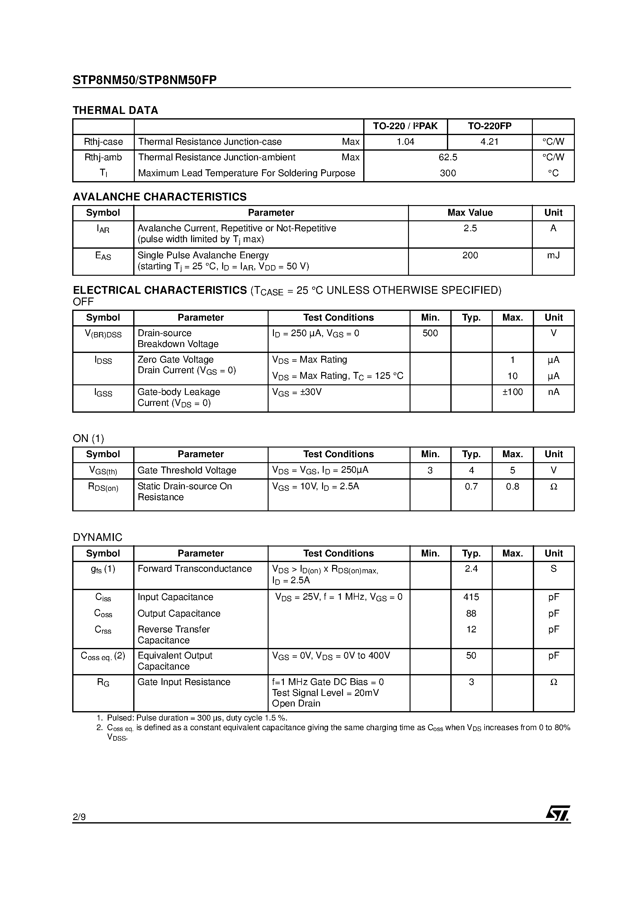 Datasheet STP8NM50 - N - CHANNEL POWER MOSFET page 2