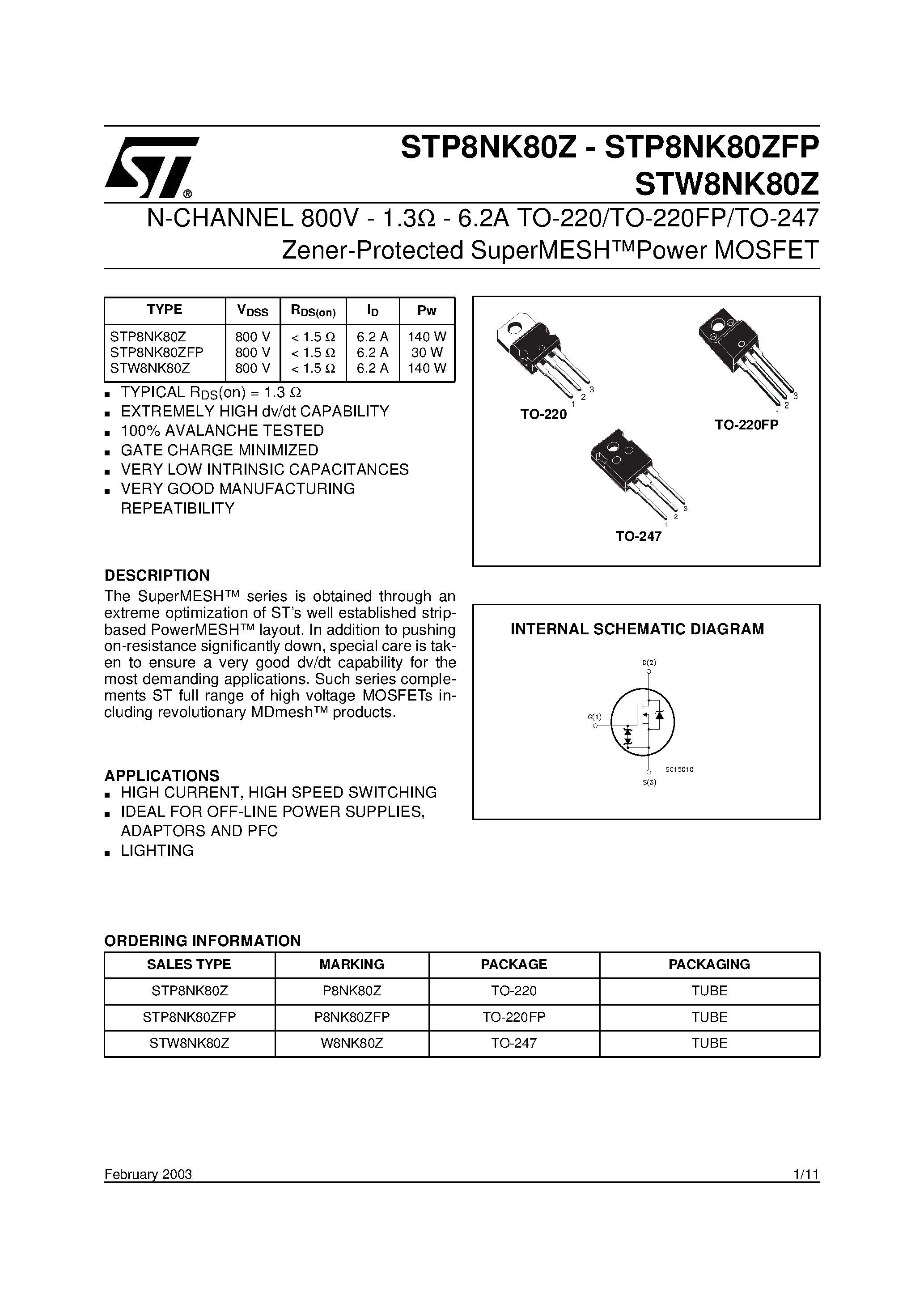 Datasheet STP8NK80Z page 1 Datasheet STP8NK80Z - N - CHANNEL POWER MOSFET page 1