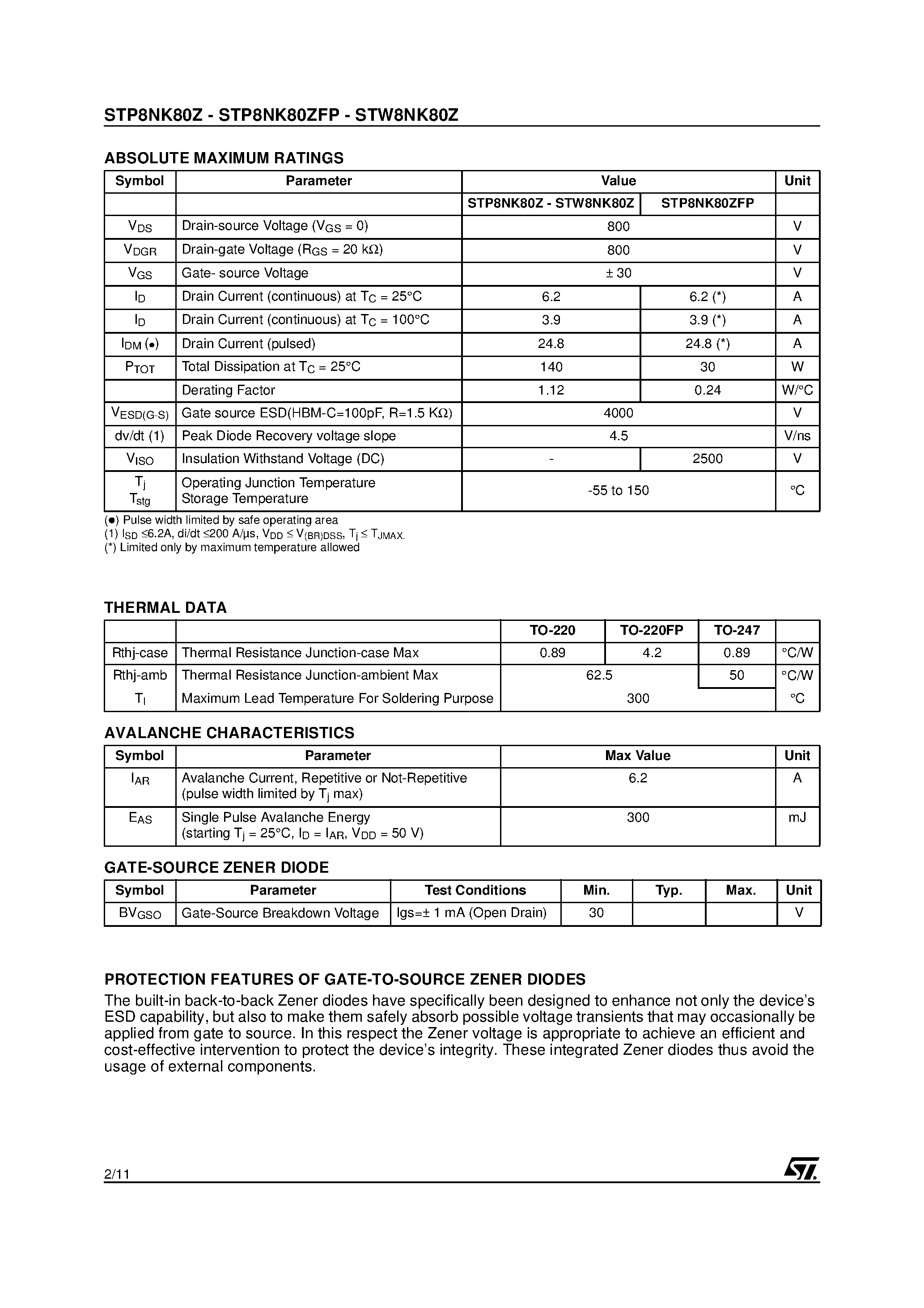 Datasheet STP8NK80Z page 2 Datasheet STP8NK80Z - N - CHANNEL POWER MOSFET page 2