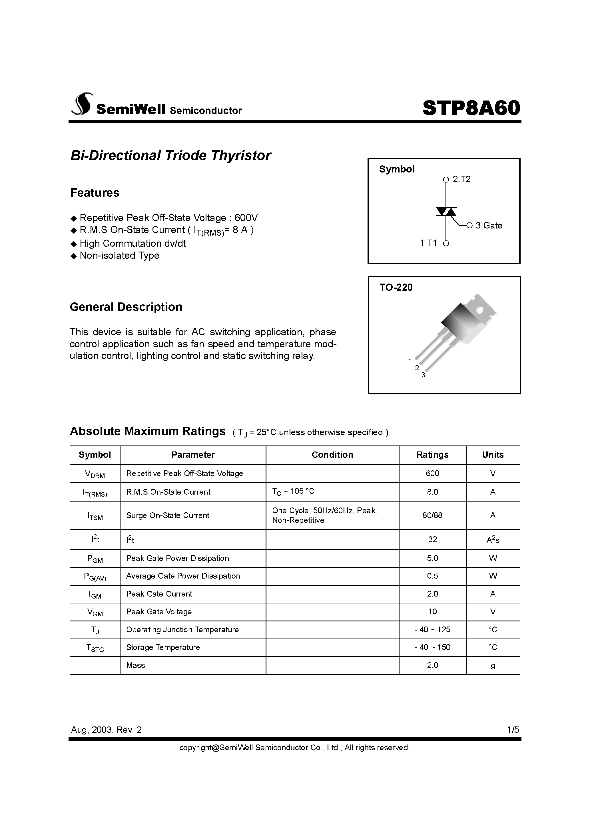 Datasheet STP8A60 - Bi-Directional Triode Thyristor page 1