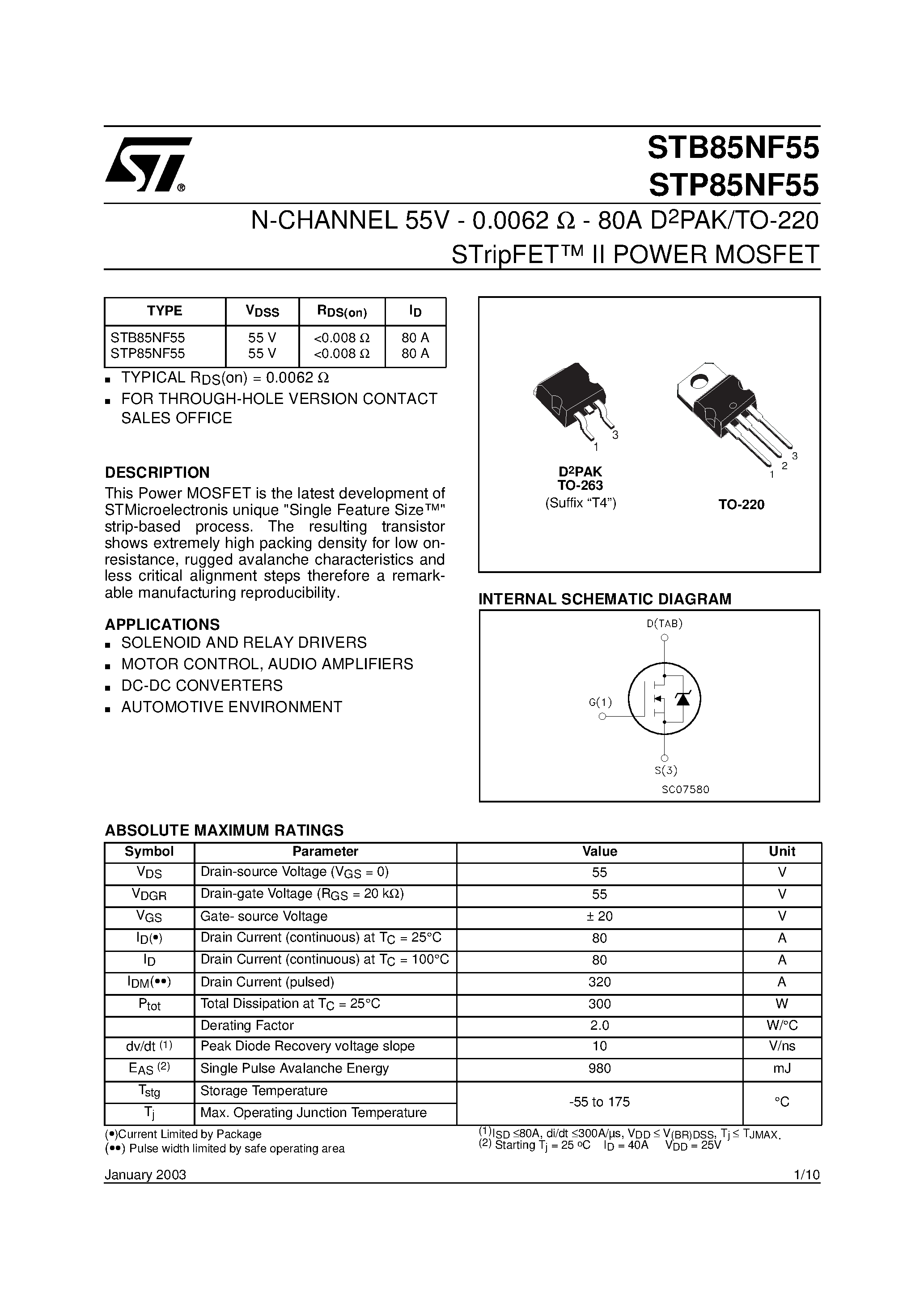 Datasheet STP85NF55 page 1 Datasheet STP85NF55 - N - CHANNEL POWER MOSFET page 1