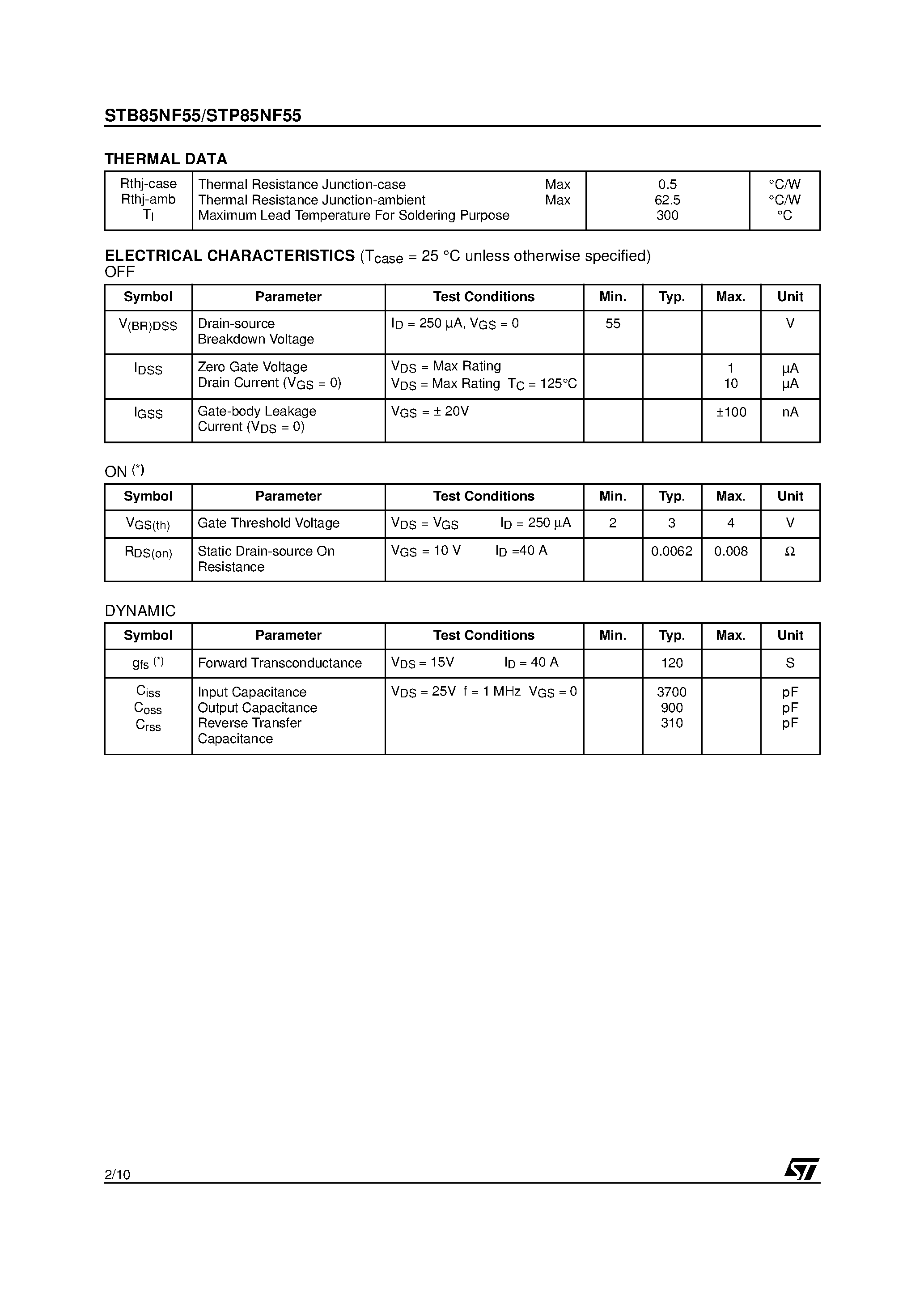 Datasheet STP85NF55 page 2 Datasheet STP85NF55 - N - CHANNEL POWER MOSFET page 2