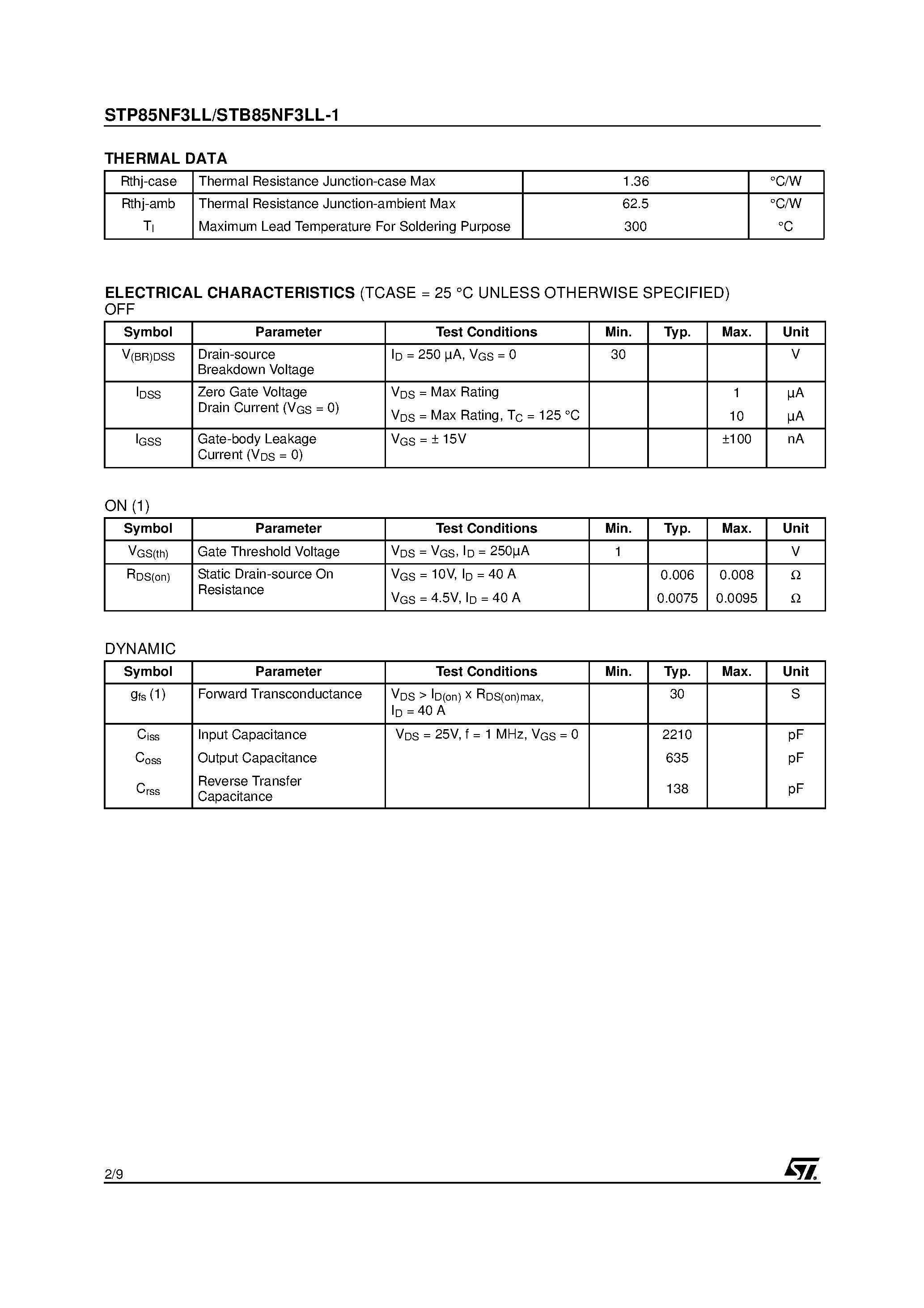 Datasheet STP85NF3LL - N - CHANNEL POWER MOSFET page 2