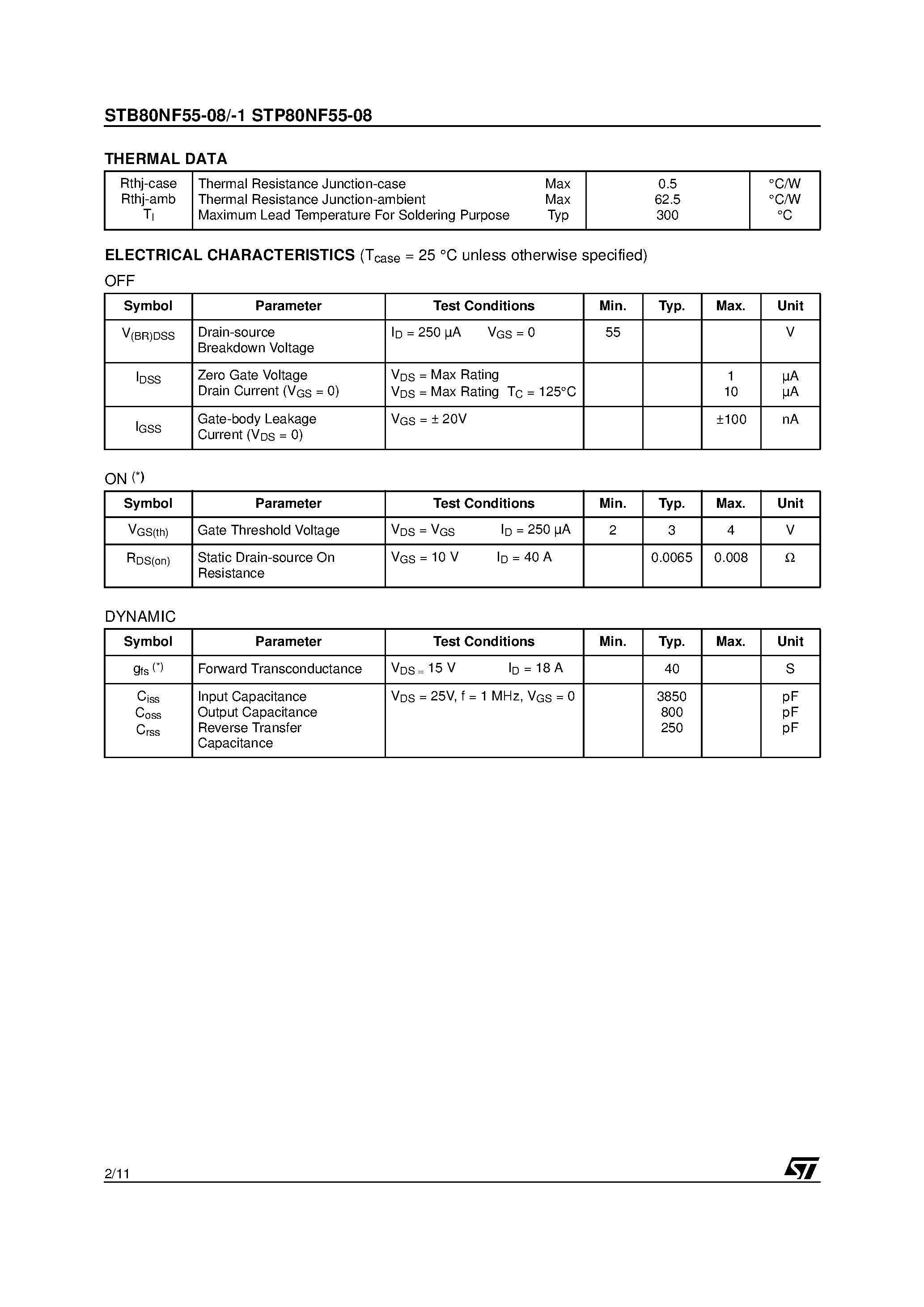 Datasheet STP80NF55-08 - N - CHANNEL POWER MOSFET page 2