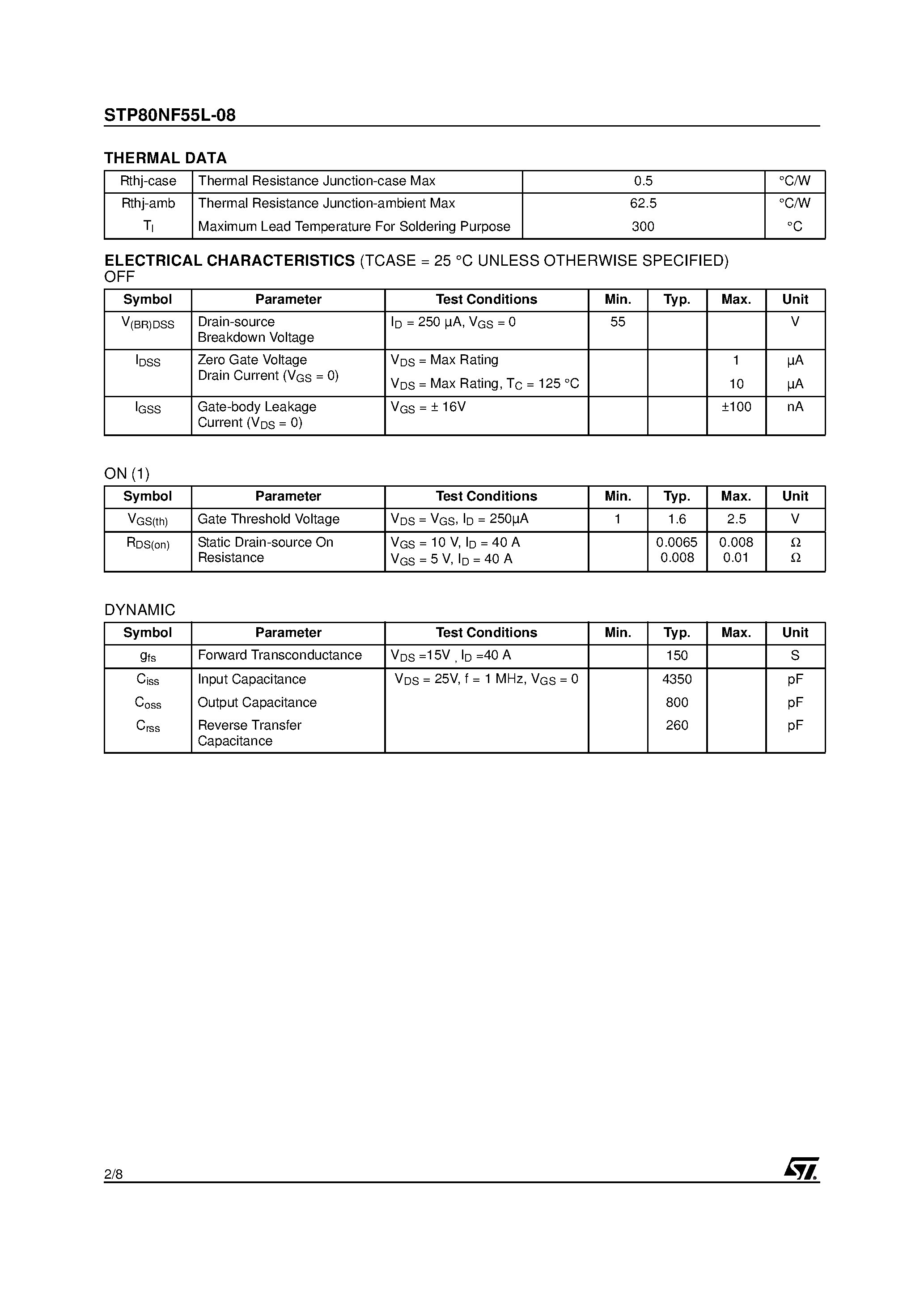 Datasheet STP80NF55L-08 page 2 Datasheet STP80NF55L-08 - N - CHANNEL POWER MOSFET page 2