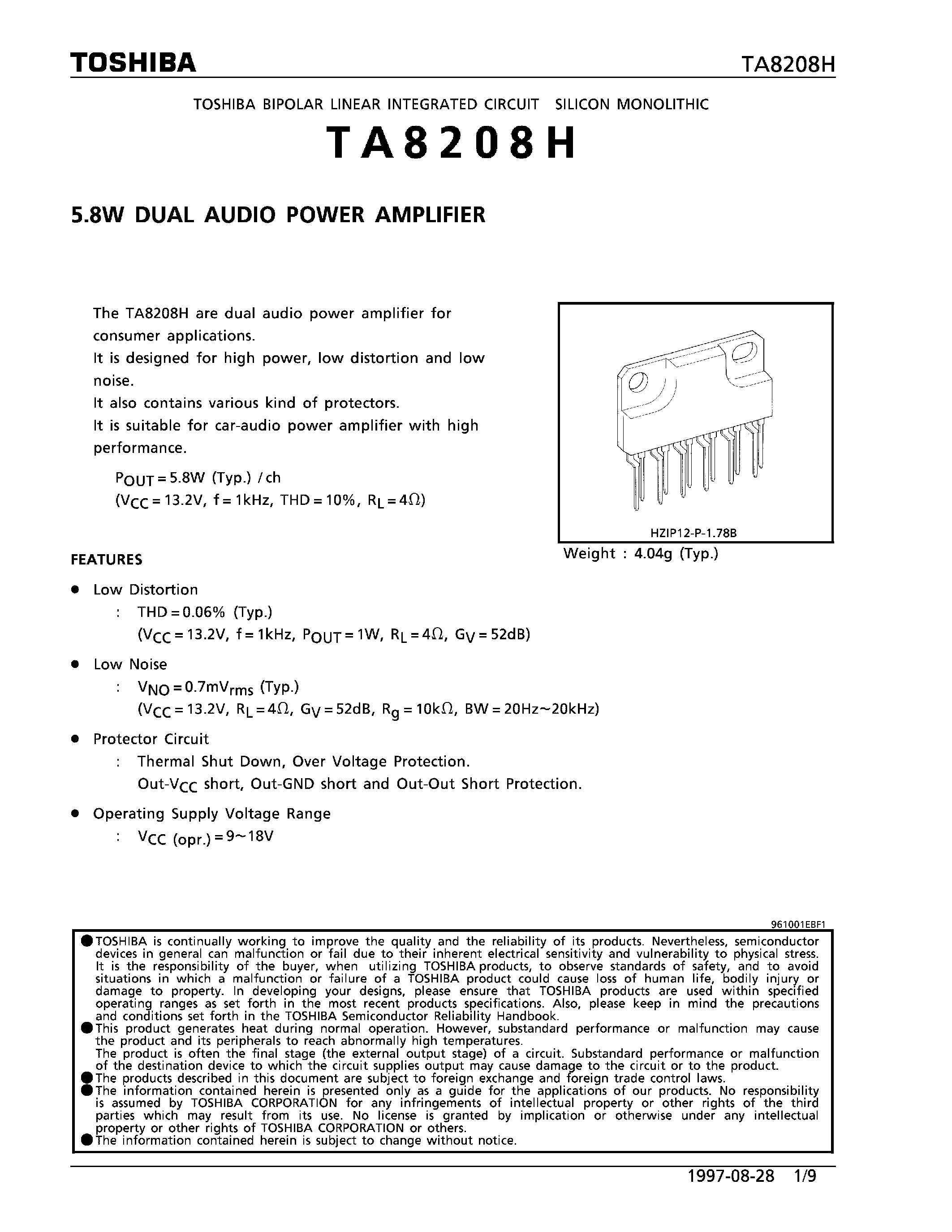 Datasheet TA8208H - 5.8W DUAL AUDIO POWER AMPLIFIER page 1