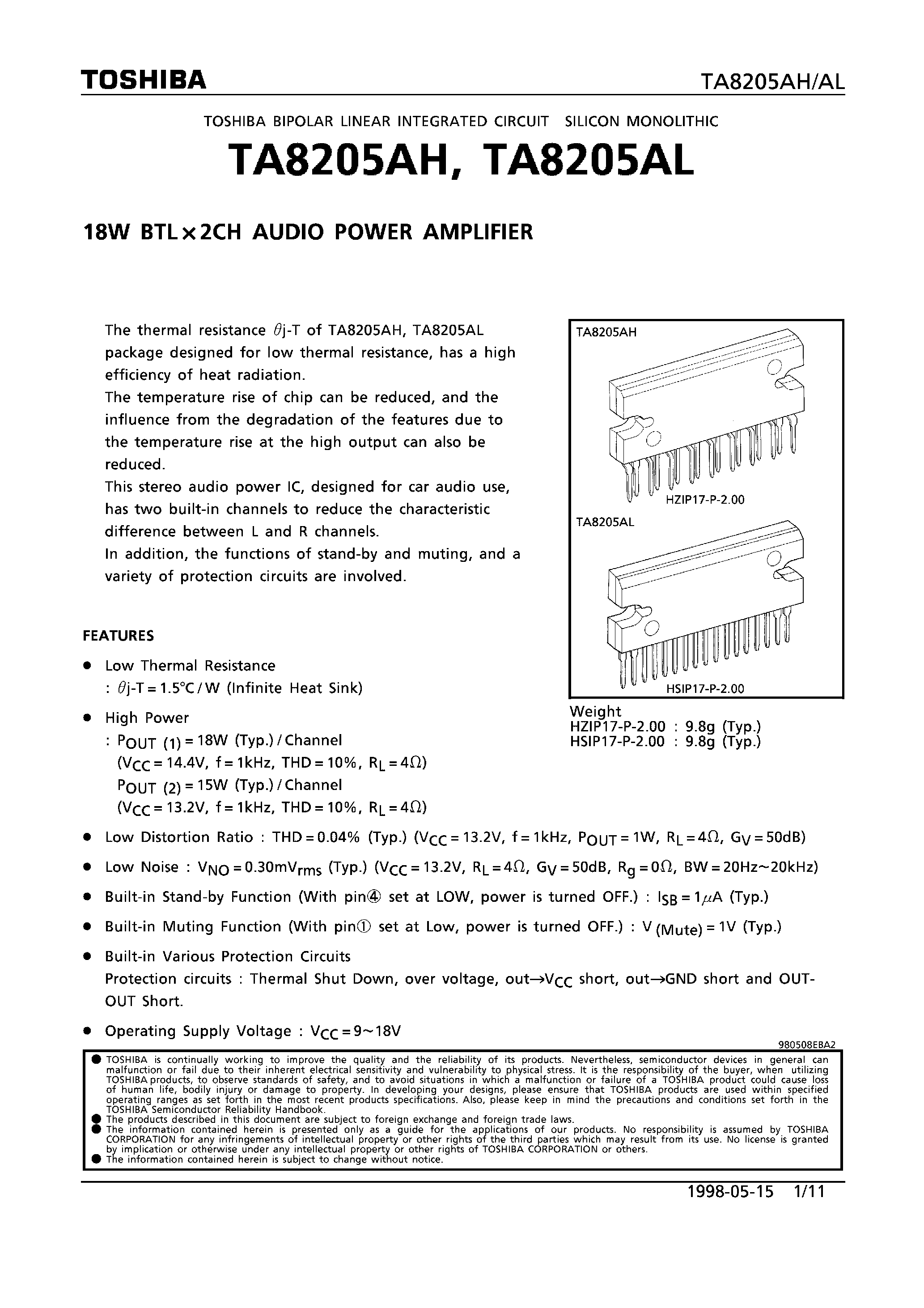 Даташит TA8205 - 18W BTL x 2CH AUDIO POWER AMPLIFIER страница 1
