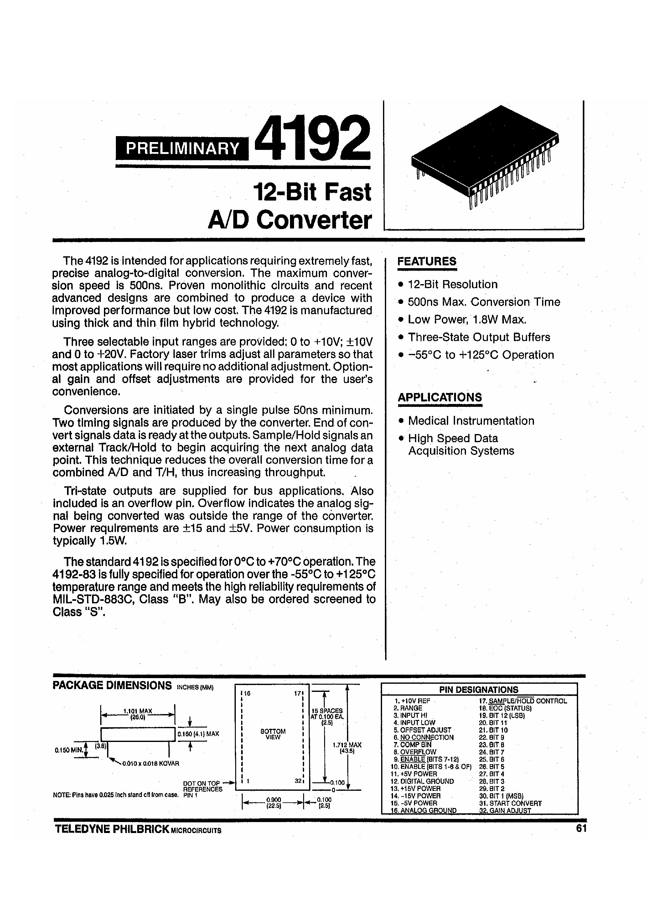 Datasheet 4192 - 12-Bit Fast A/D Converter page 1