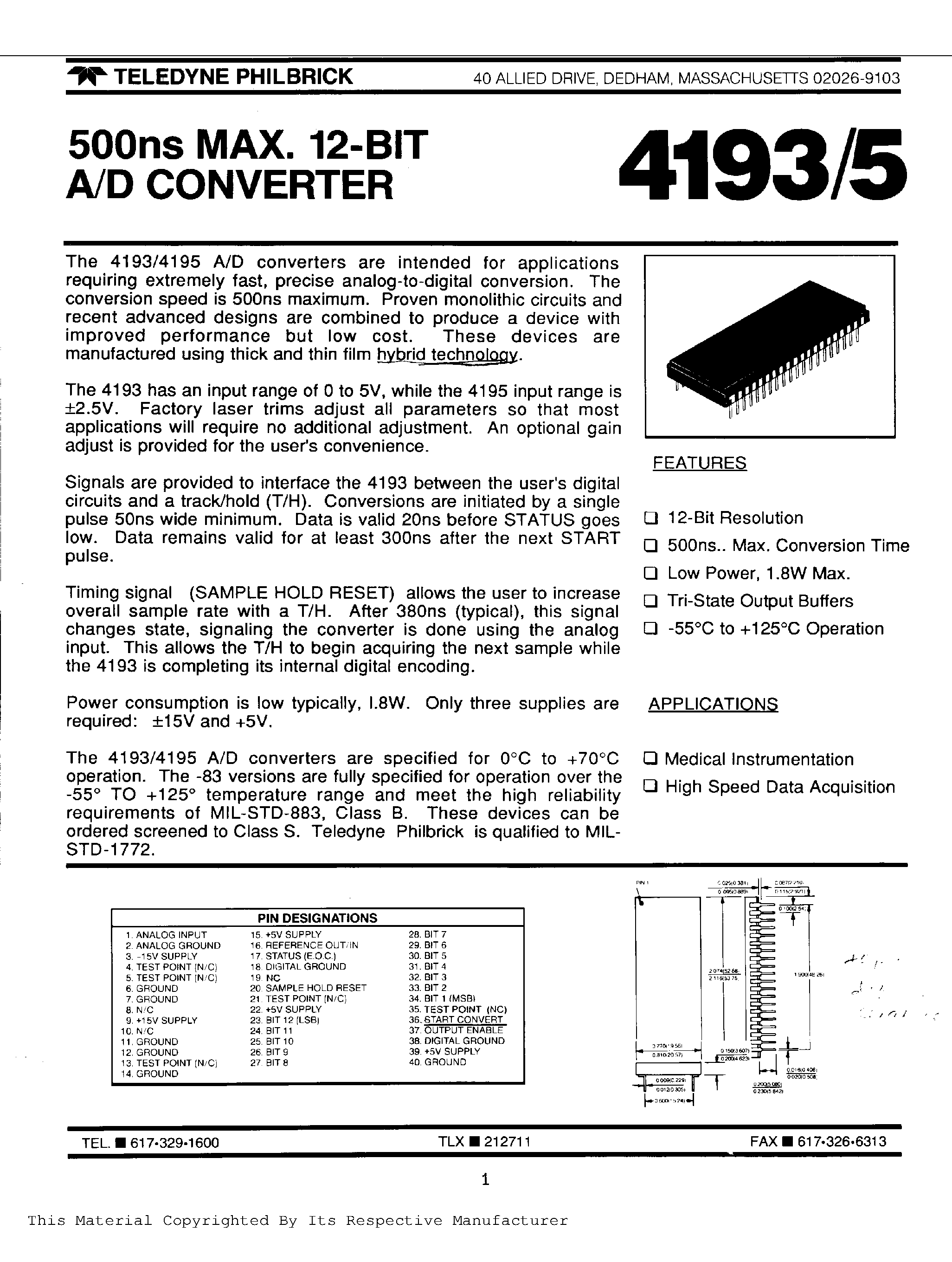 Datasheet 4193 page 1 Datasheet 4193 - 500ns MAX / 12-Bit A/D Converter page 1