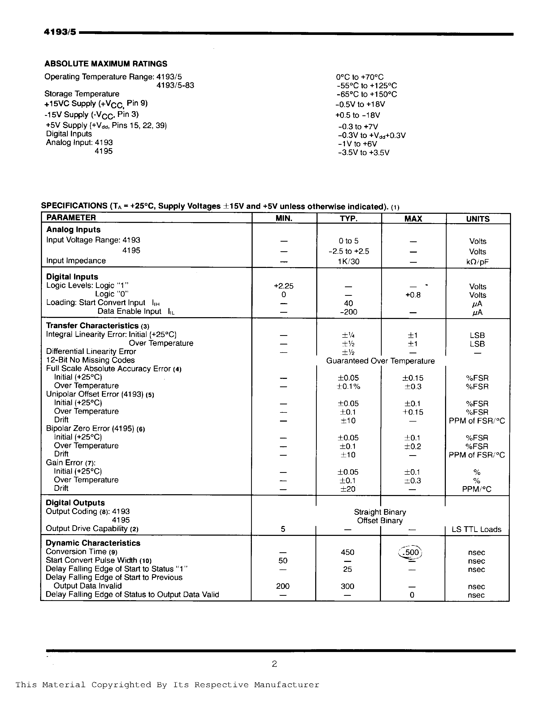 Datasheet 4193 page 2 Datasheet 4193 - 500ns MAX / 12-Bit A/D Converter page 2