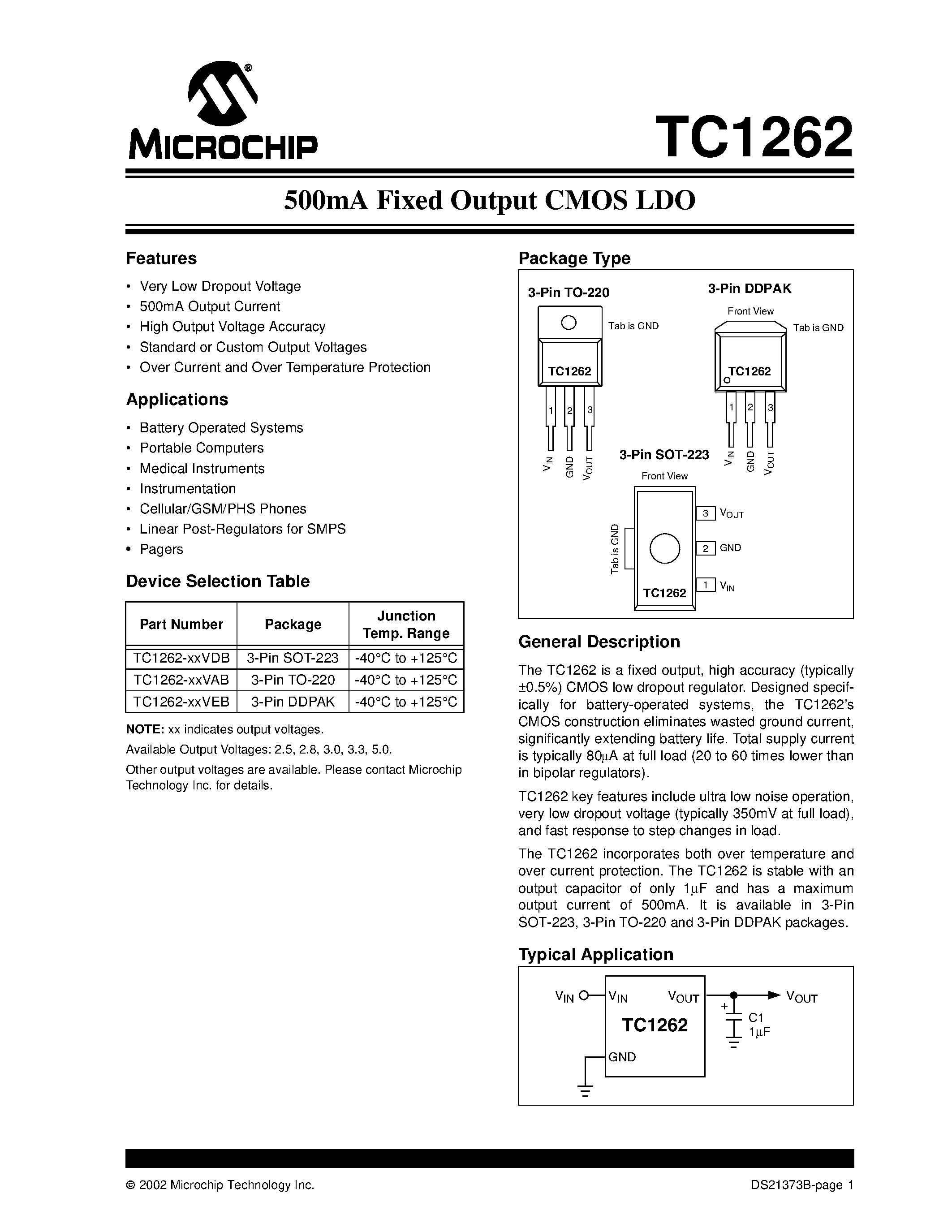 Datasheet TC1262 page 1 Datasheet TC1262 - 500mA Fixed Output CMOS LDO page 1