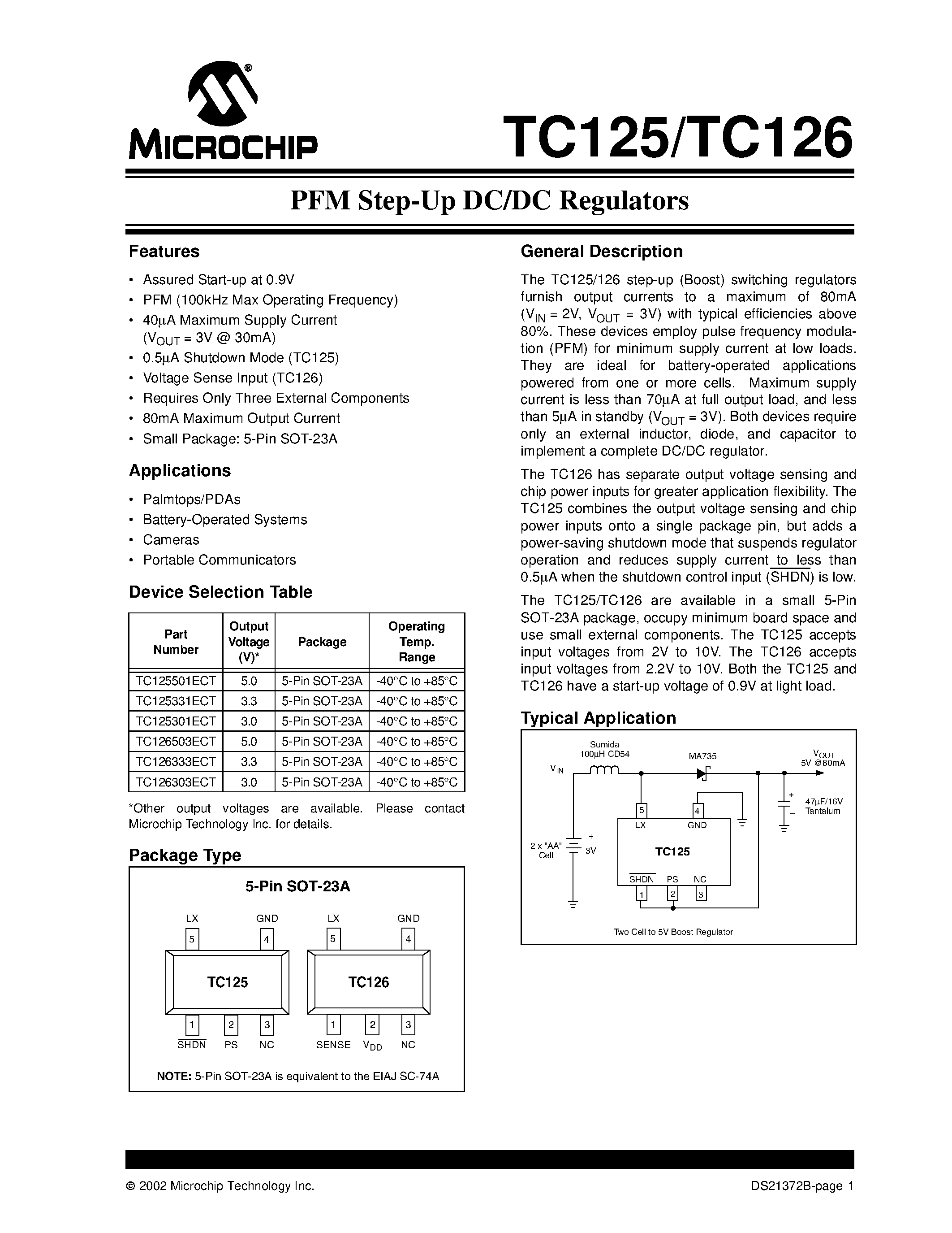 Datasheet TC125 page 1 Datasheet TC125 - (TC125) PFM Step-Up DC/DC Regulators page 1