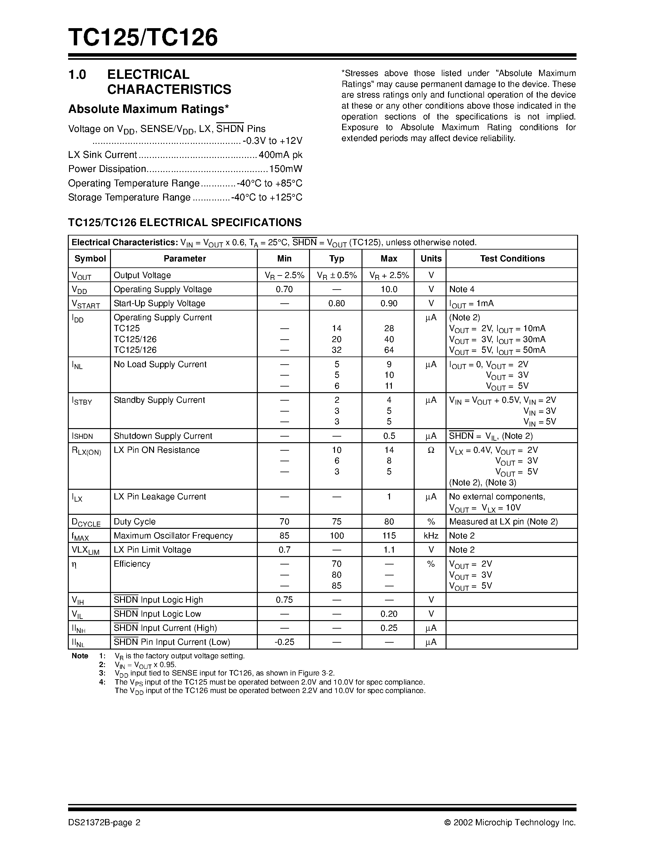 Datasheet TC125 page 2 Datasheet TC125 - (TC125) PFM Step-Up DC/DC Regulators page 2