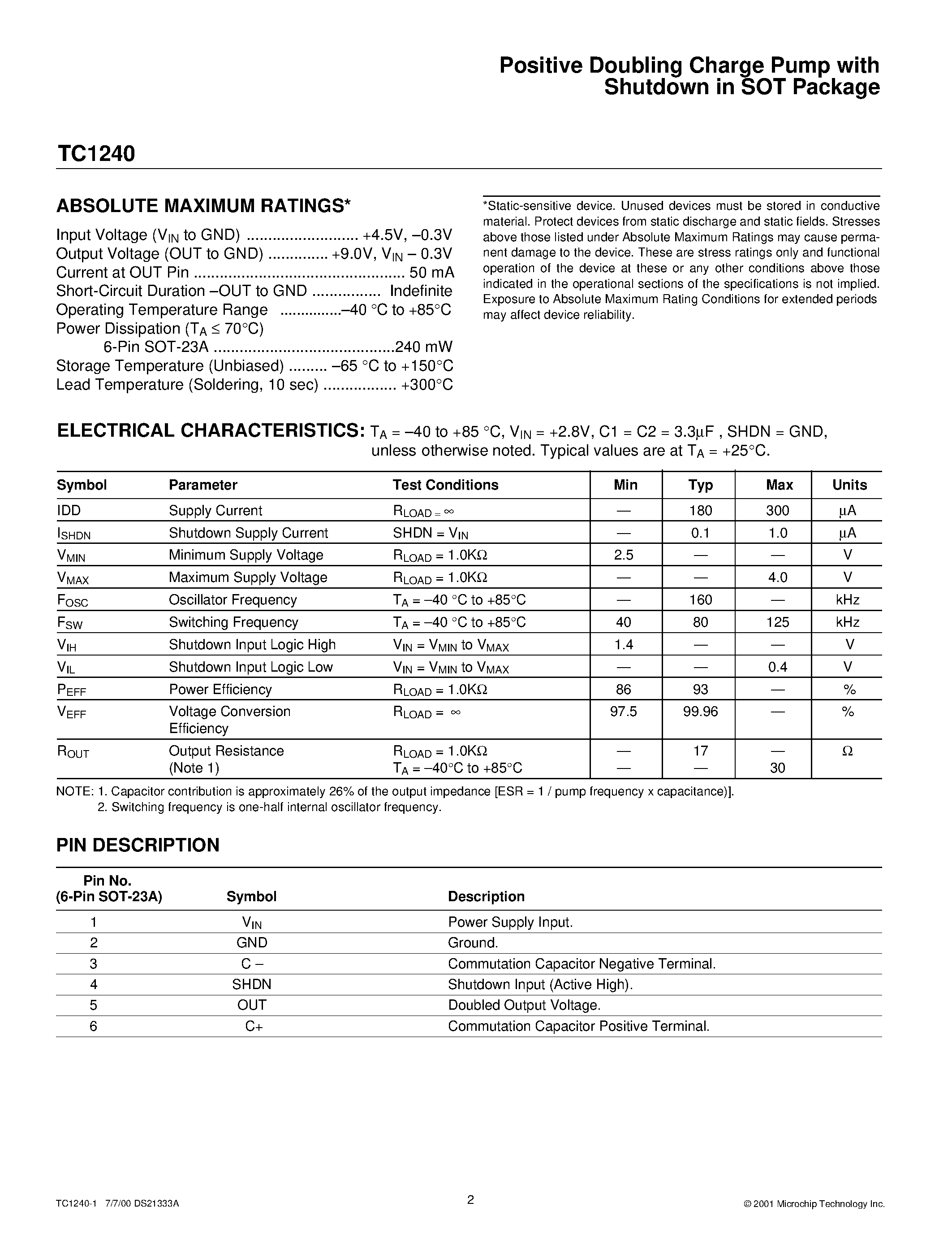 Datasheet TC1240 page 2 Datasheet TC1240 - Positive Doubling Charge Pump with Shutdown in SOT Package page 2