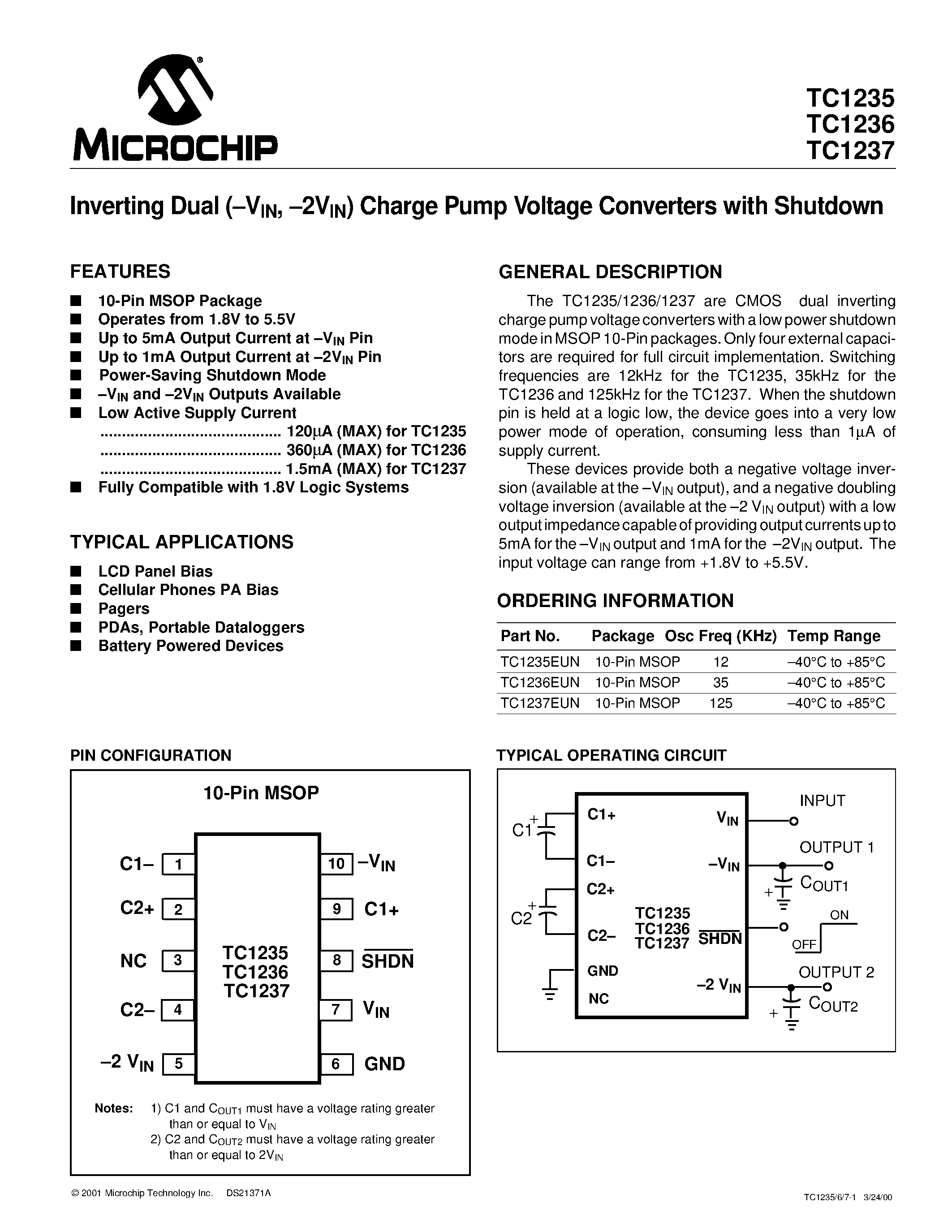 Datasheet TC1235 page 1 Datasheet TC1235 - (TC1235 / TC1236 / TC1237) Inverting Dual Charge Pump Voltage Converters with Shutdown page 1