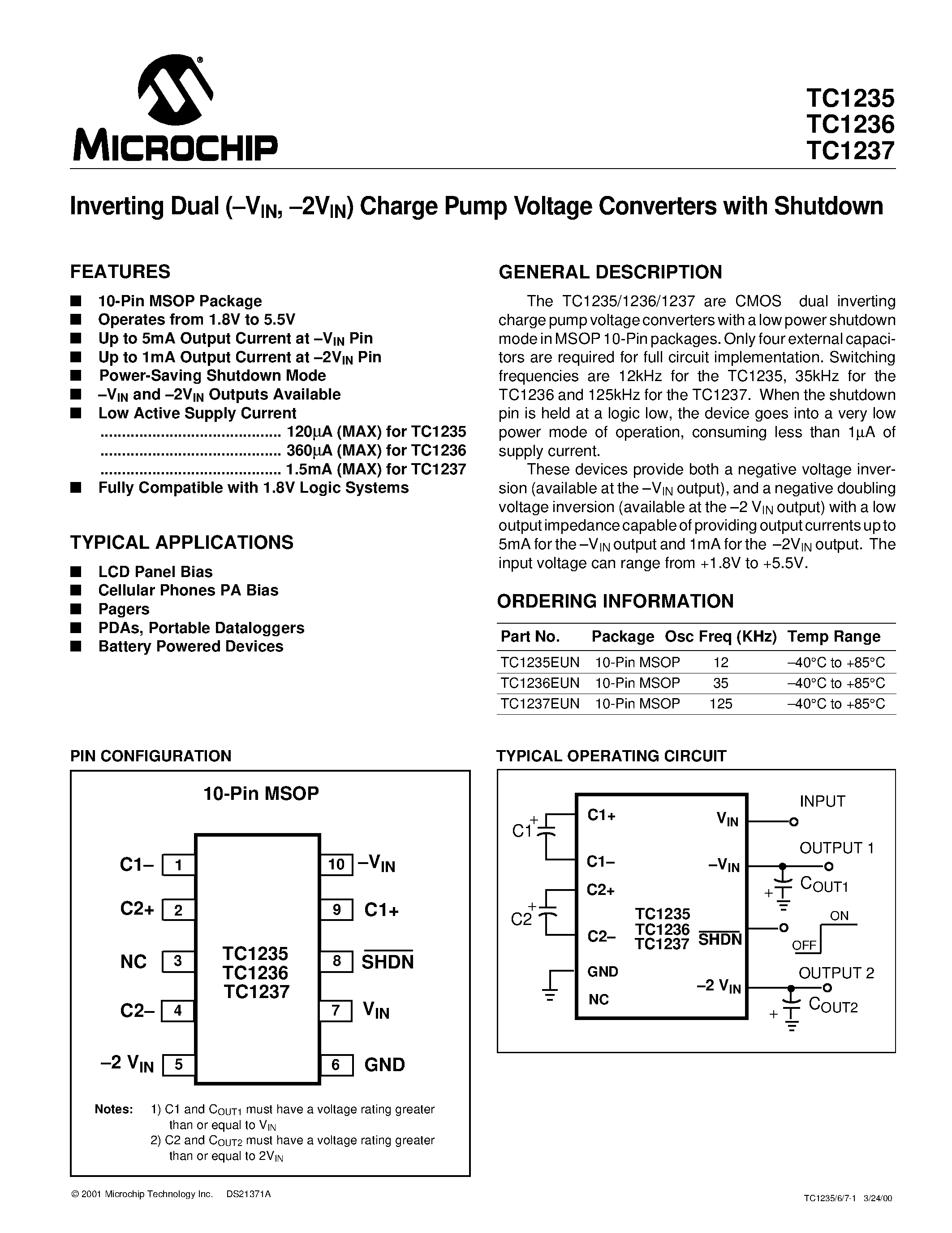 Datasheet TC1235 - (TC1235 / TC1236 / TC1237) Inverting Dual Charge Pump Voltage Converters with Shutdown page 1