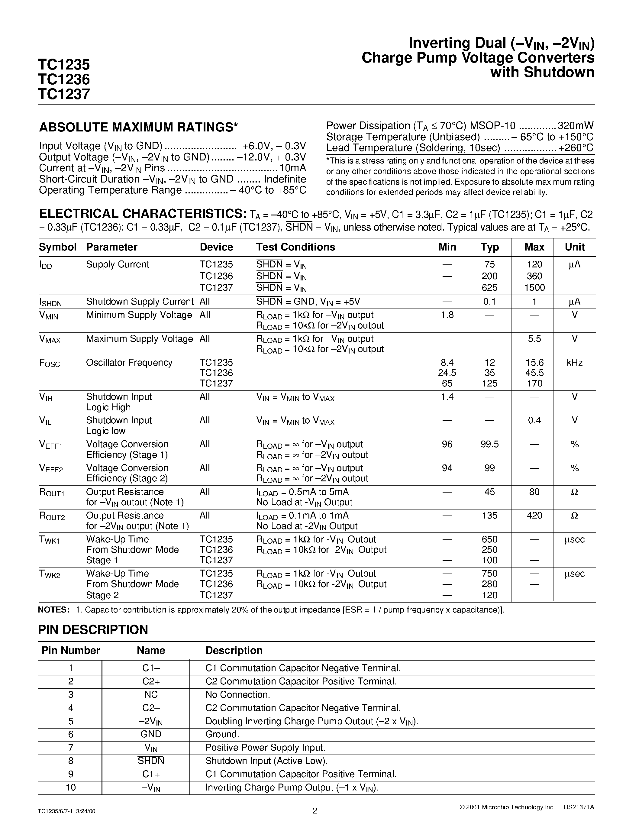 Datasheet TC1235 page 2 Datasheet TC1235 - (TC1235 / TC1236 / TC1237) Inverting Dual Charge Pump Voltage Converters with Shutdown page 2