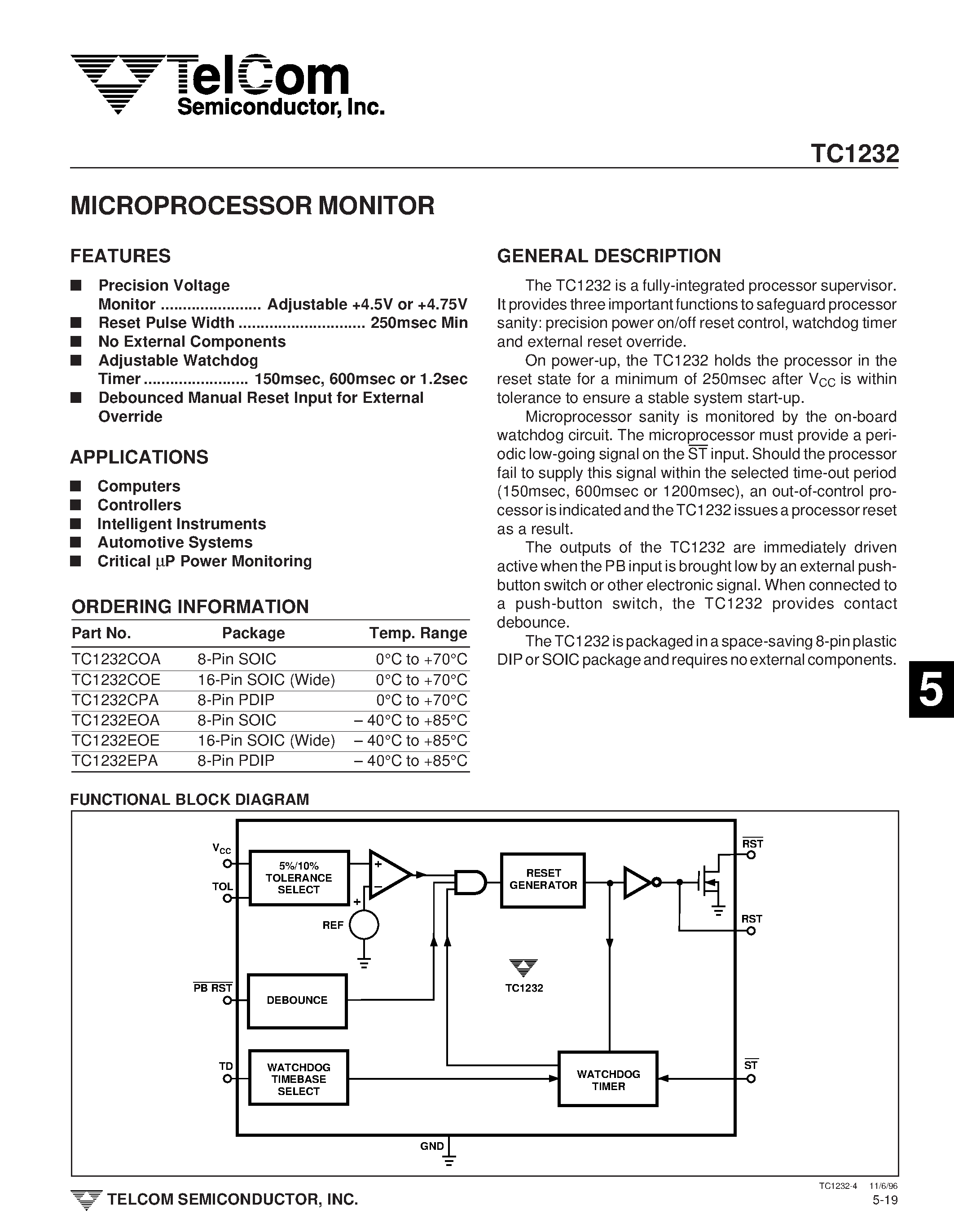Даташит на микросхему TC1232 страница 1 Даташит TC1232 - MICROPROCESSOR MONITOR страница 1