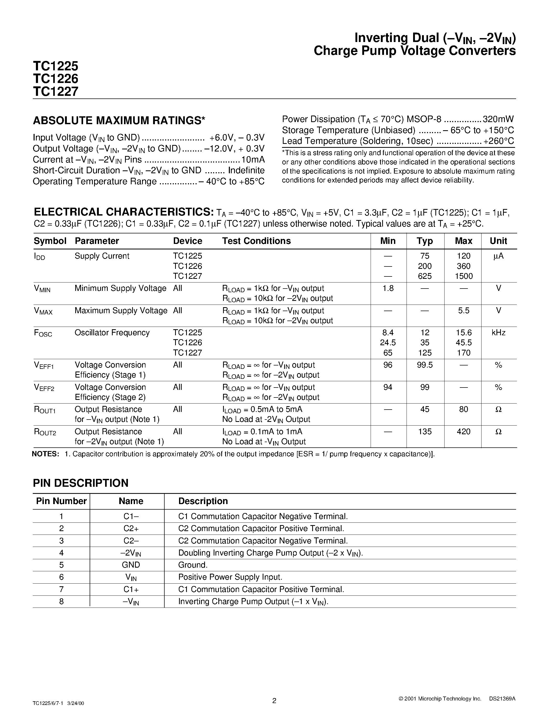 Datasheet TC1225 page 2 Datasheet TC1225 - (TC1225 / TC1226 / TC1227) Inverting Dual Charge Pump Voltage Converters page 2