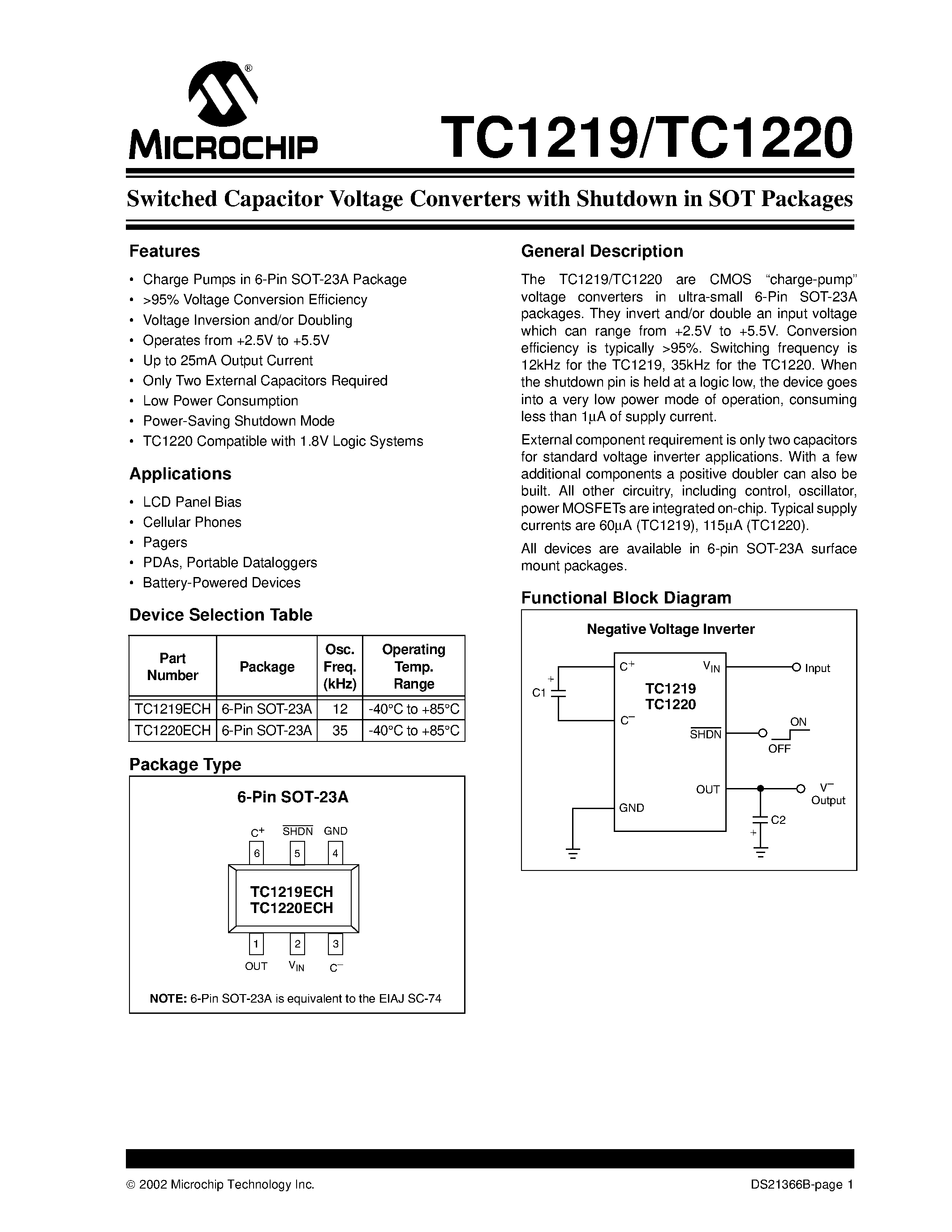 Datasheet TC1219 page 1 Datasheet TC1219 - (TC1219) Switched Capacitor Voltage Converters with Shutdown in SOT Packages page 1