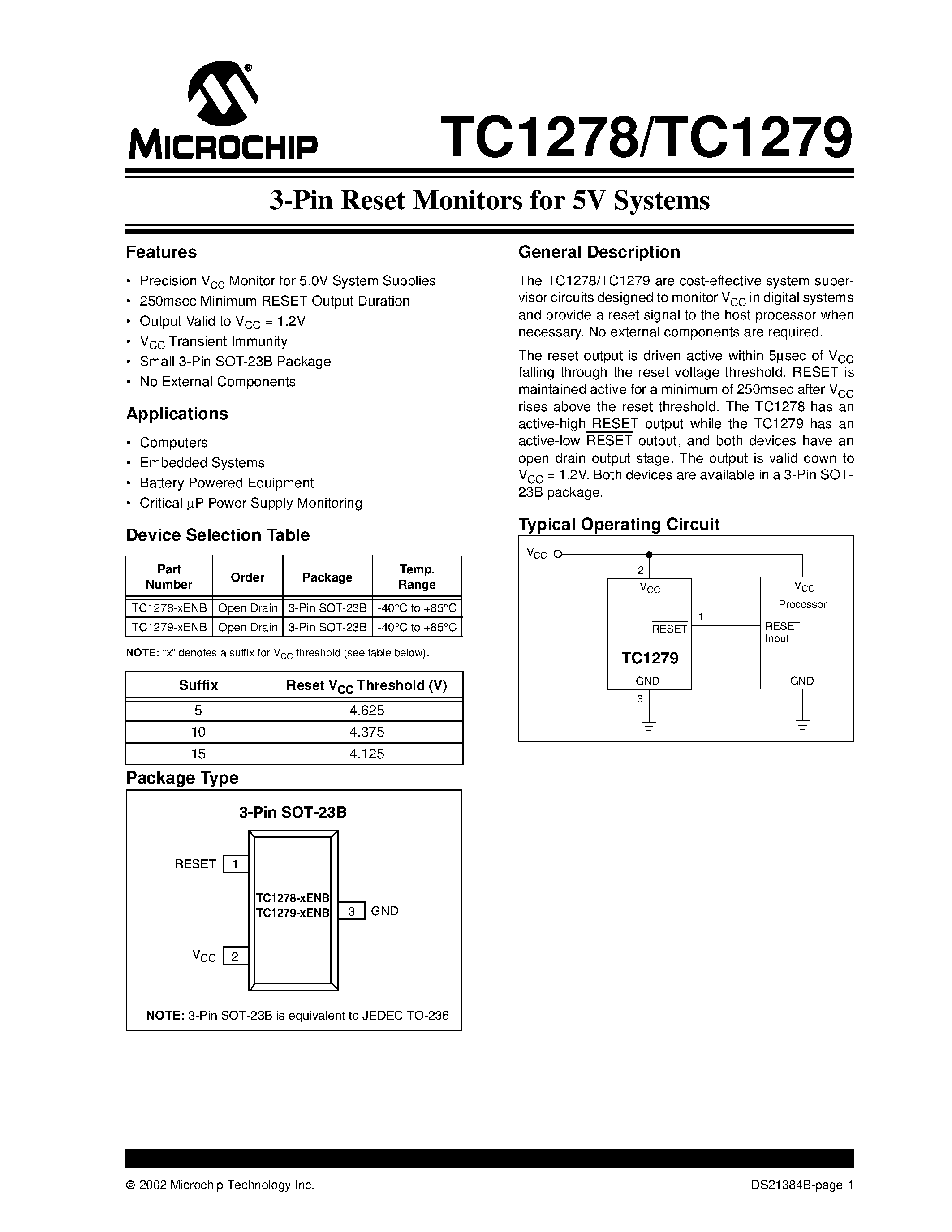 Datasheet TC1278 page 1 Datasheet TC1278 - (TC1278) 3-Pin Reset Monitors for 5V Systems page 1