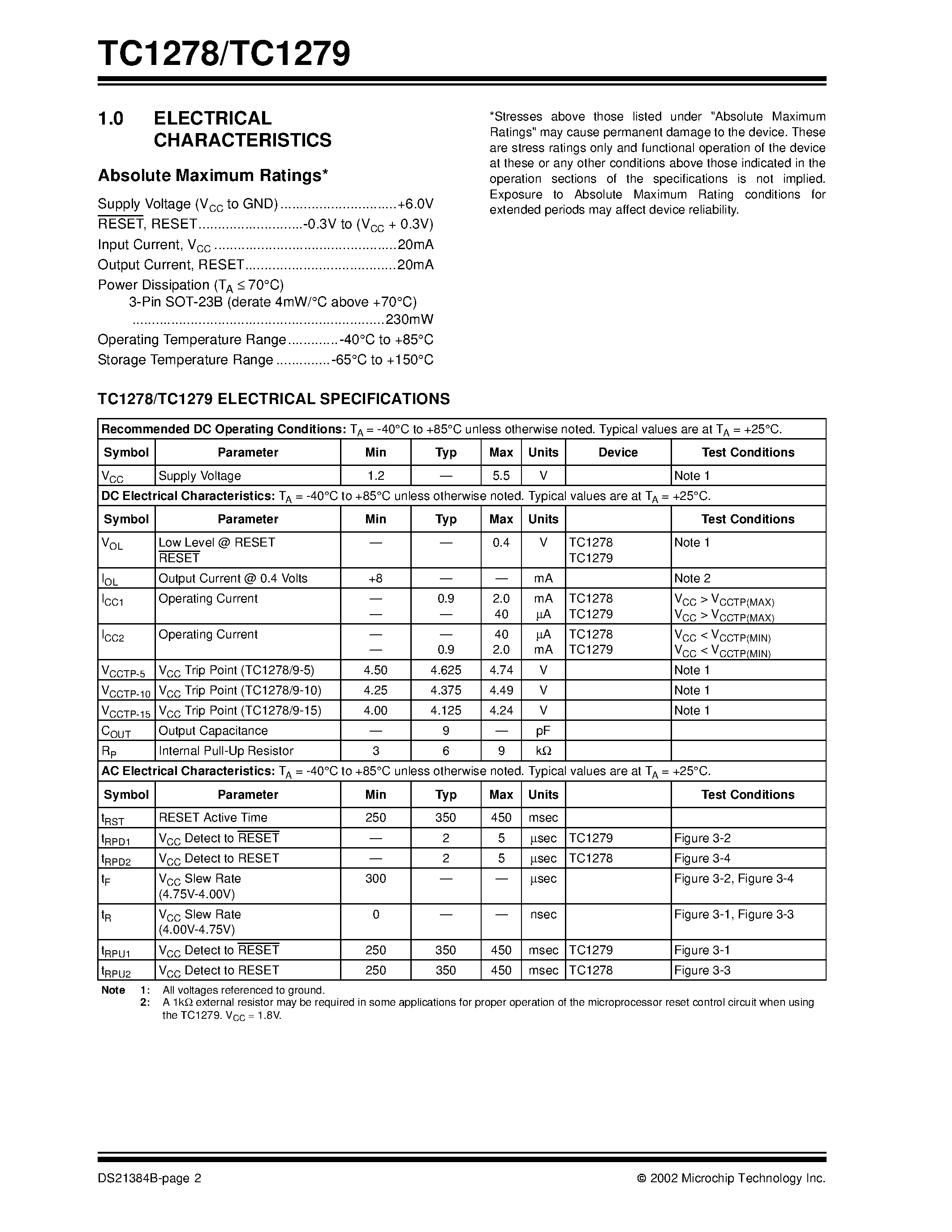 Datasheet TC1278 page 2 Datasheet TC1278 - (TC1278) 3-Pin Reset Monitors for 5V Systems page 2