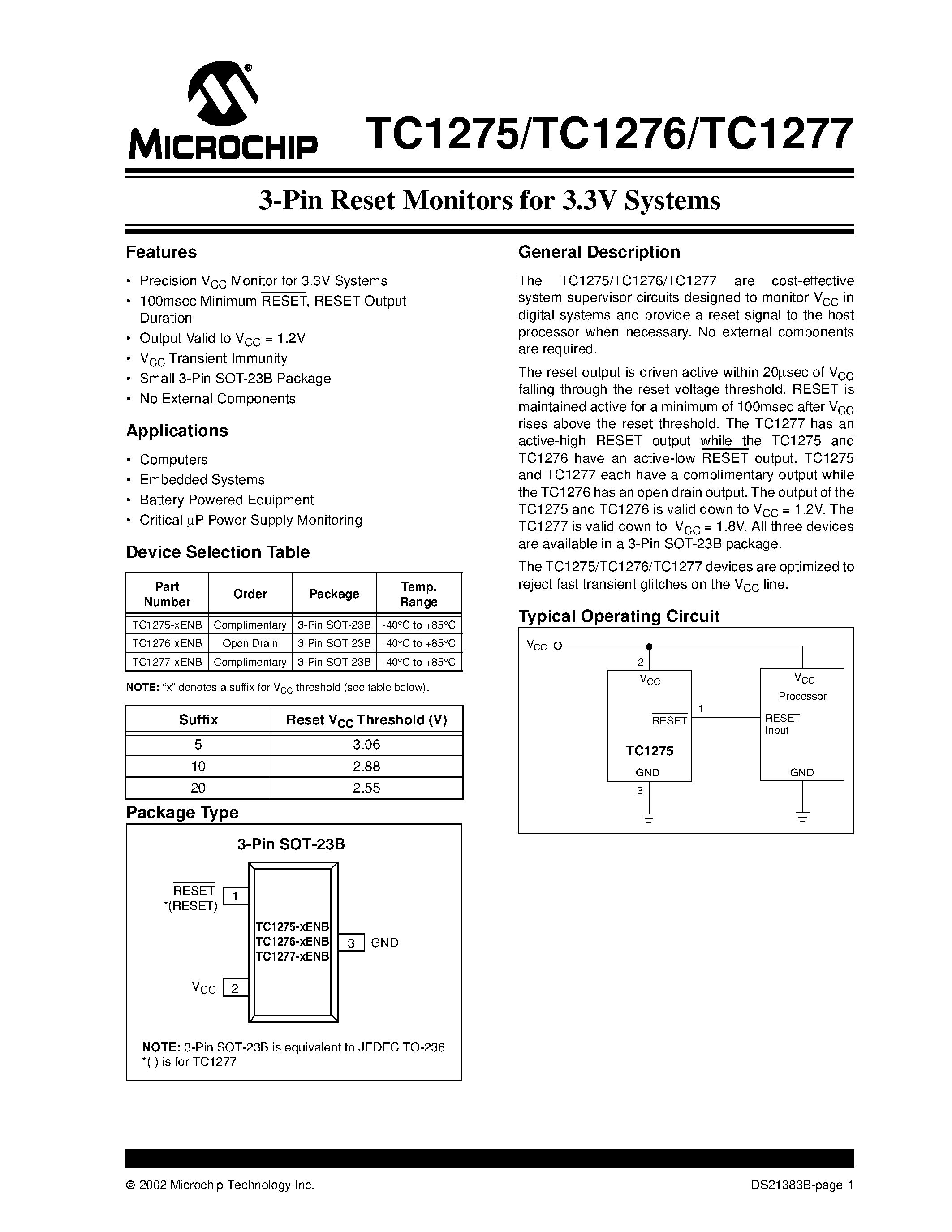 Datasheet TC1275 - (TC1275 / TC1276 / TC1277) 3-Pin Reset Monitors for 3.3V Systems page 1