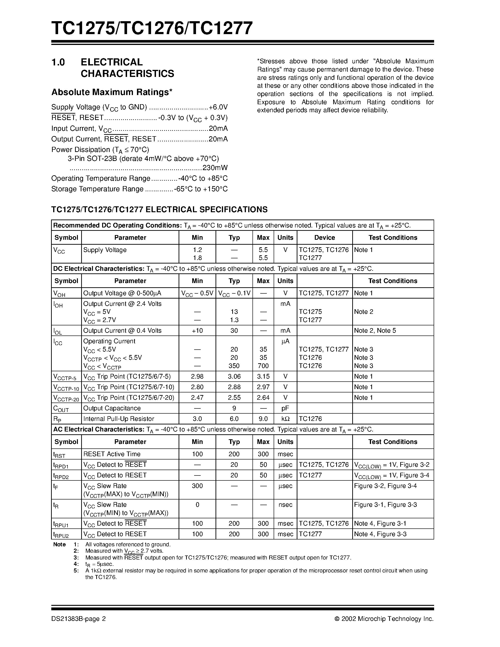 Datasheet TC1275 - (TC1275 / TC1276 / TC1277) 3-Pin Reset Monitors for 3.3V Systems page 2