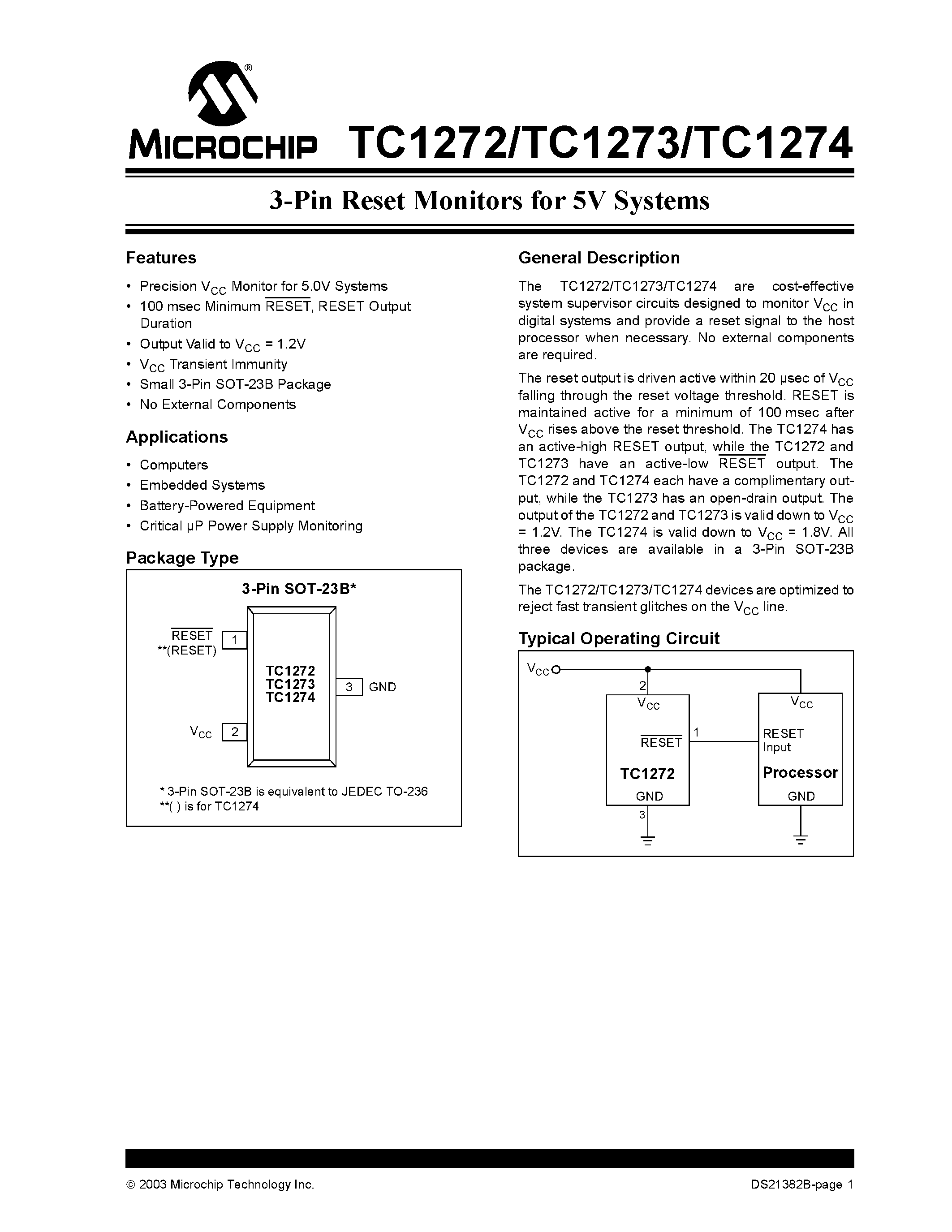 Datasheet TC1272 page 1 Datasheet TC1272 - (TC1272 / TC1273 / TC1274) 3-Pin Reset Monitors for 5V Systems page 1