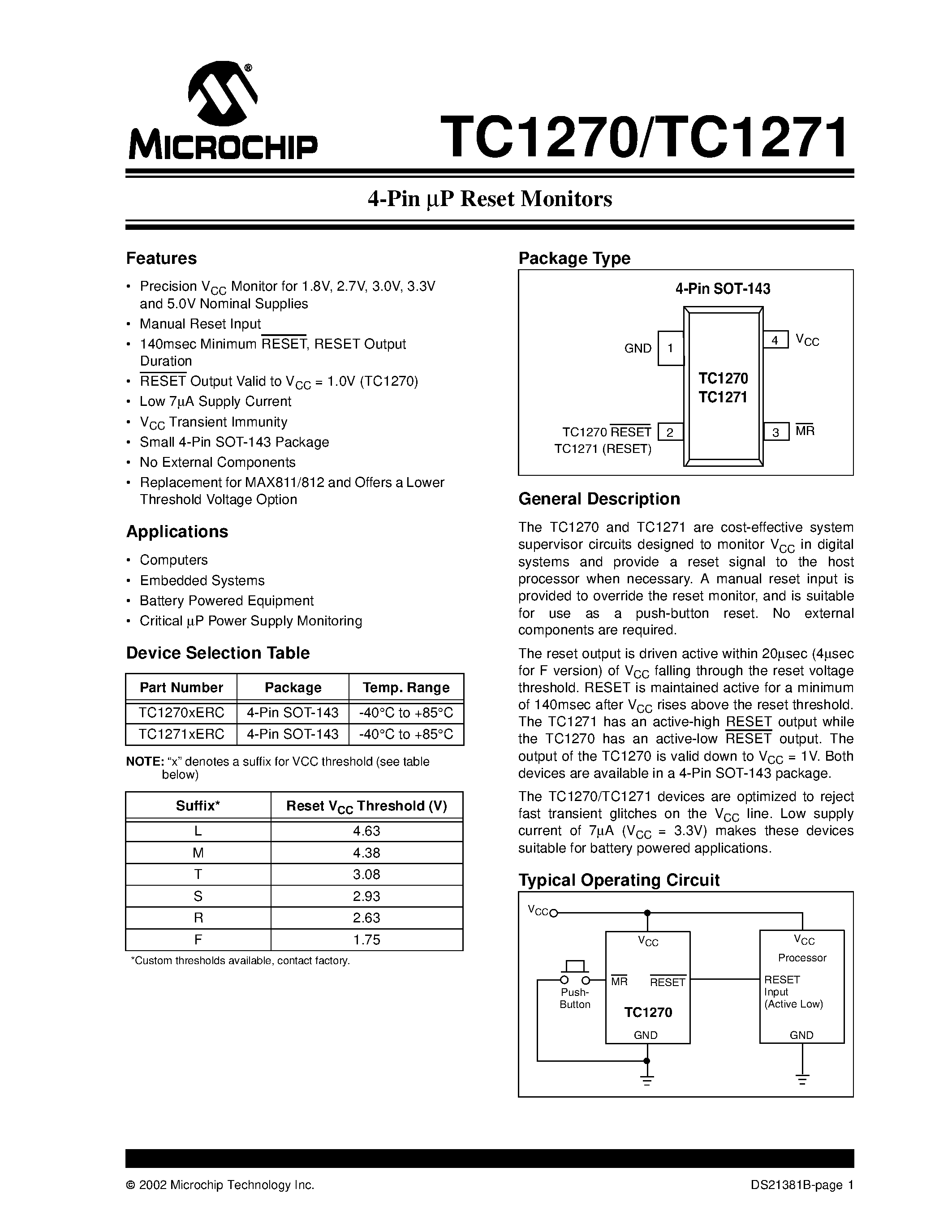 Datasheet TC1270 page 1 Datasheet TC1270 - (TC1270) 4-Pin uP Reset Monitors page 1