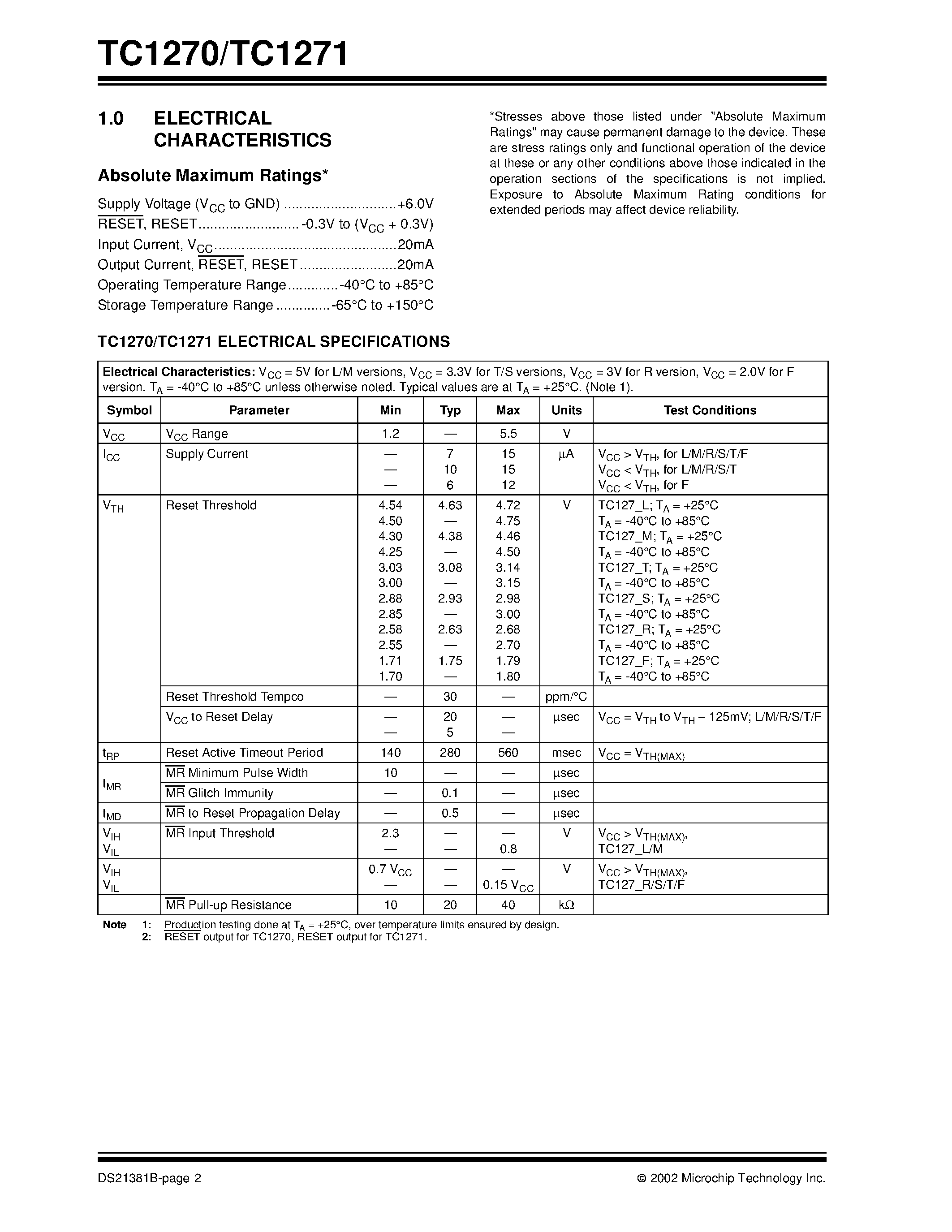 Datasheet TC1270 page 2 Datasheet TC1270 - (TC1270) 4-Pin uP Reset Monitors page 2