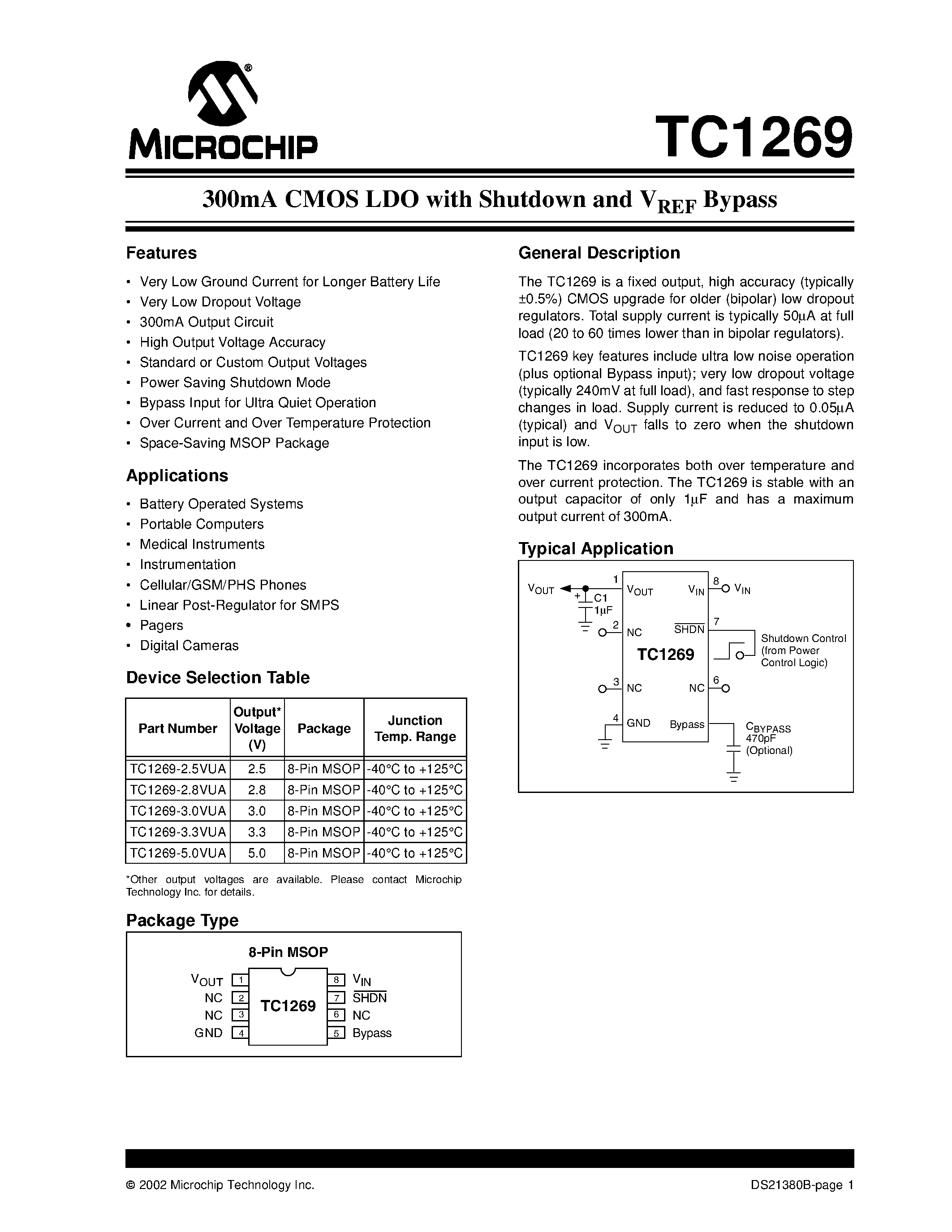 Datasheet TC1269 page 1 Datasheet TC1269 - 300mA CMOS LDO with Shutdown and VREF Bypass page 1