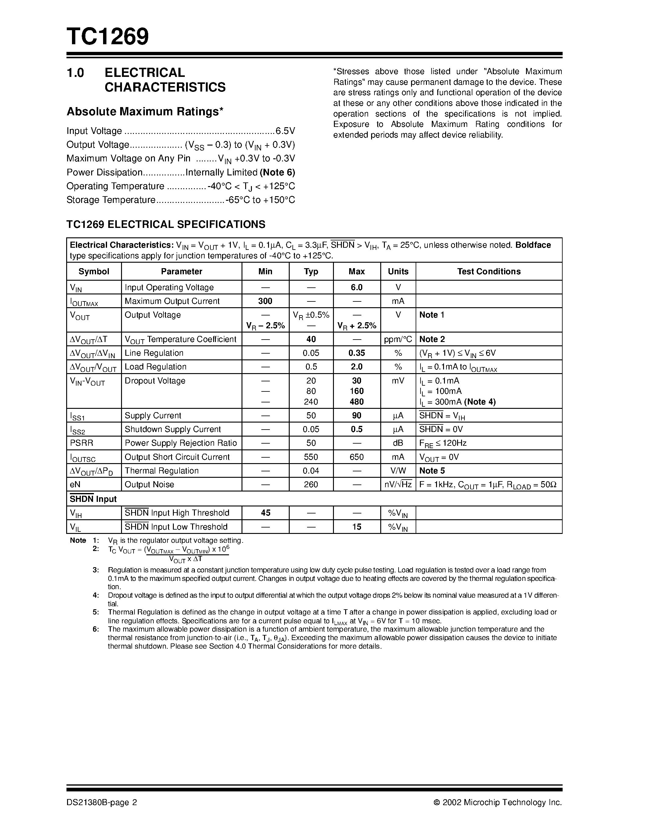 Datasheet TC1269 page 2 Datasheet TC1269 - 300mA CMOS LDO with Shutdown and VREF Bypass page 2