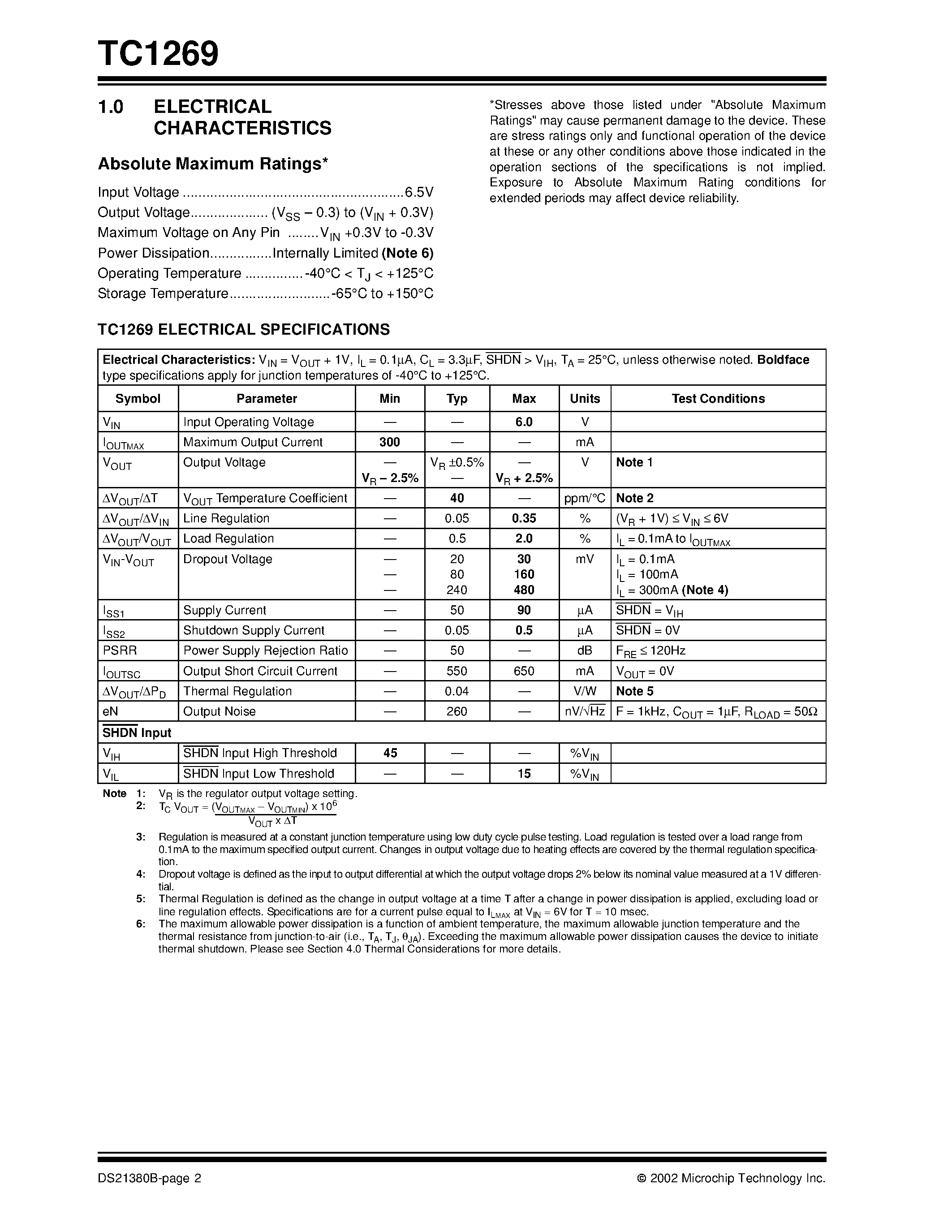 Datasheet TC1269 - 300mA CMOS LDO with Shutdown and VREF Bypass page 2