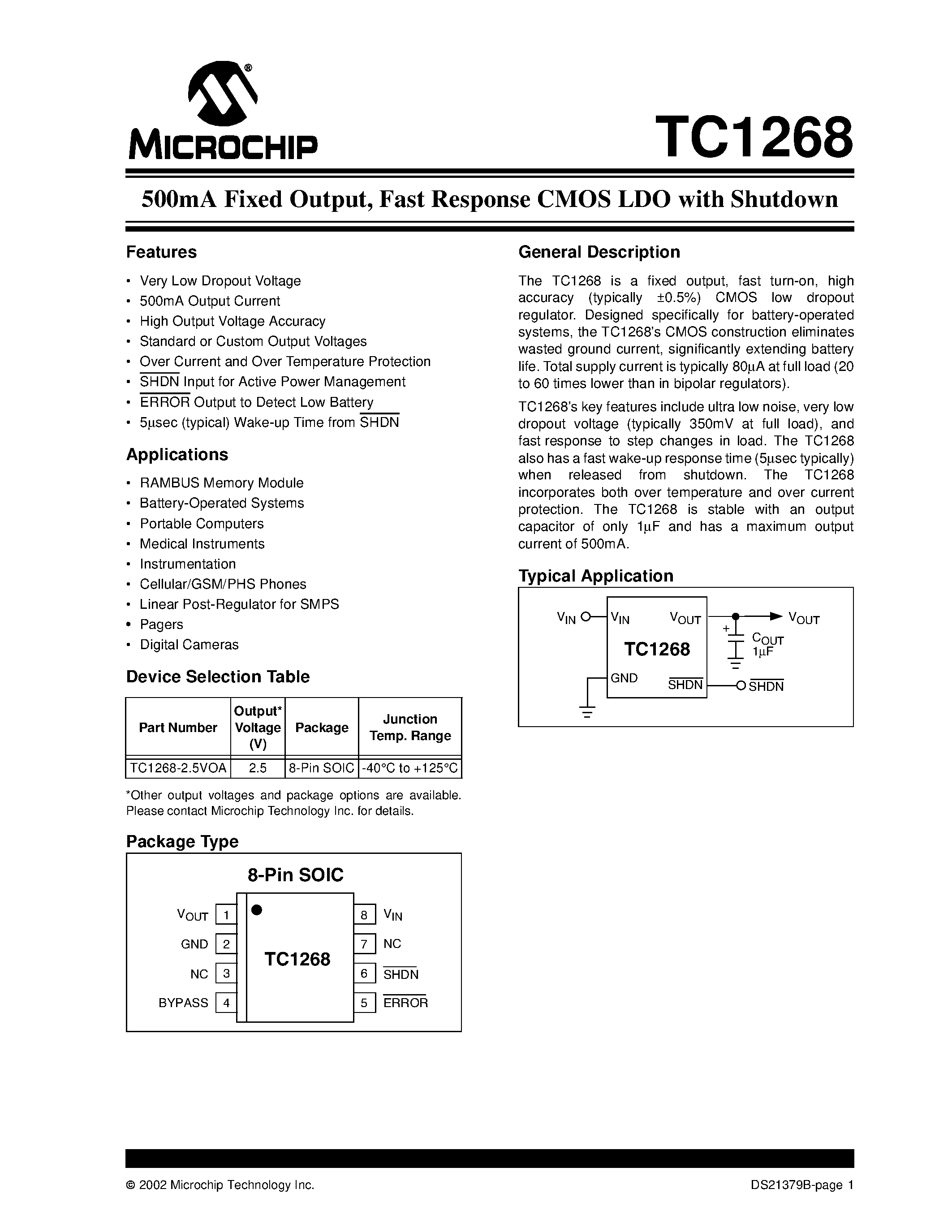 Datasheet TC1268 page 1 Datasheet TC1268 - 500mA Fixed Output / Fast Response CMOS LDO with Shutdown page 1