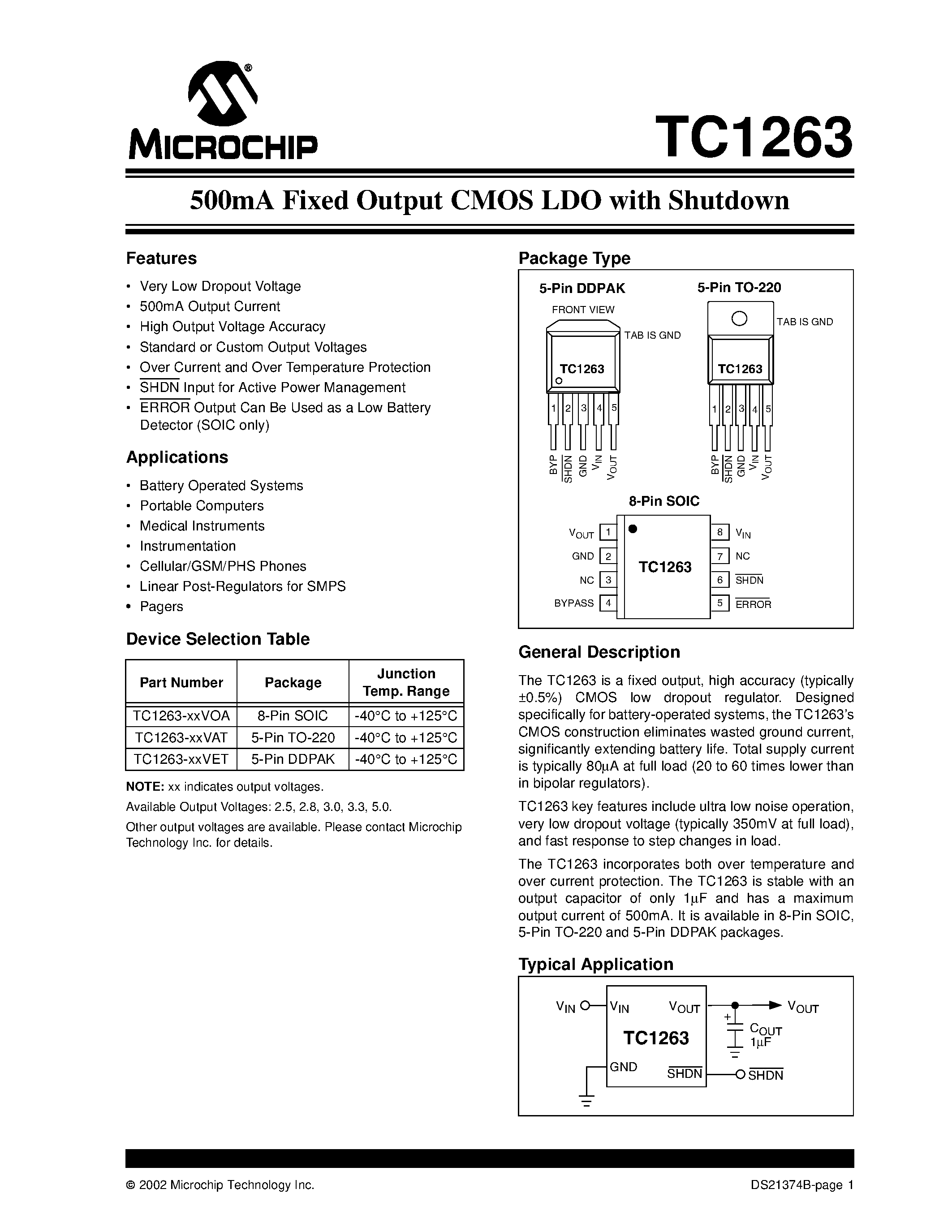 Datasheet TC1263 page 1 Datasheet TC1263 - 500mA Fixed Output CMOS LDO with Shutdown page 1