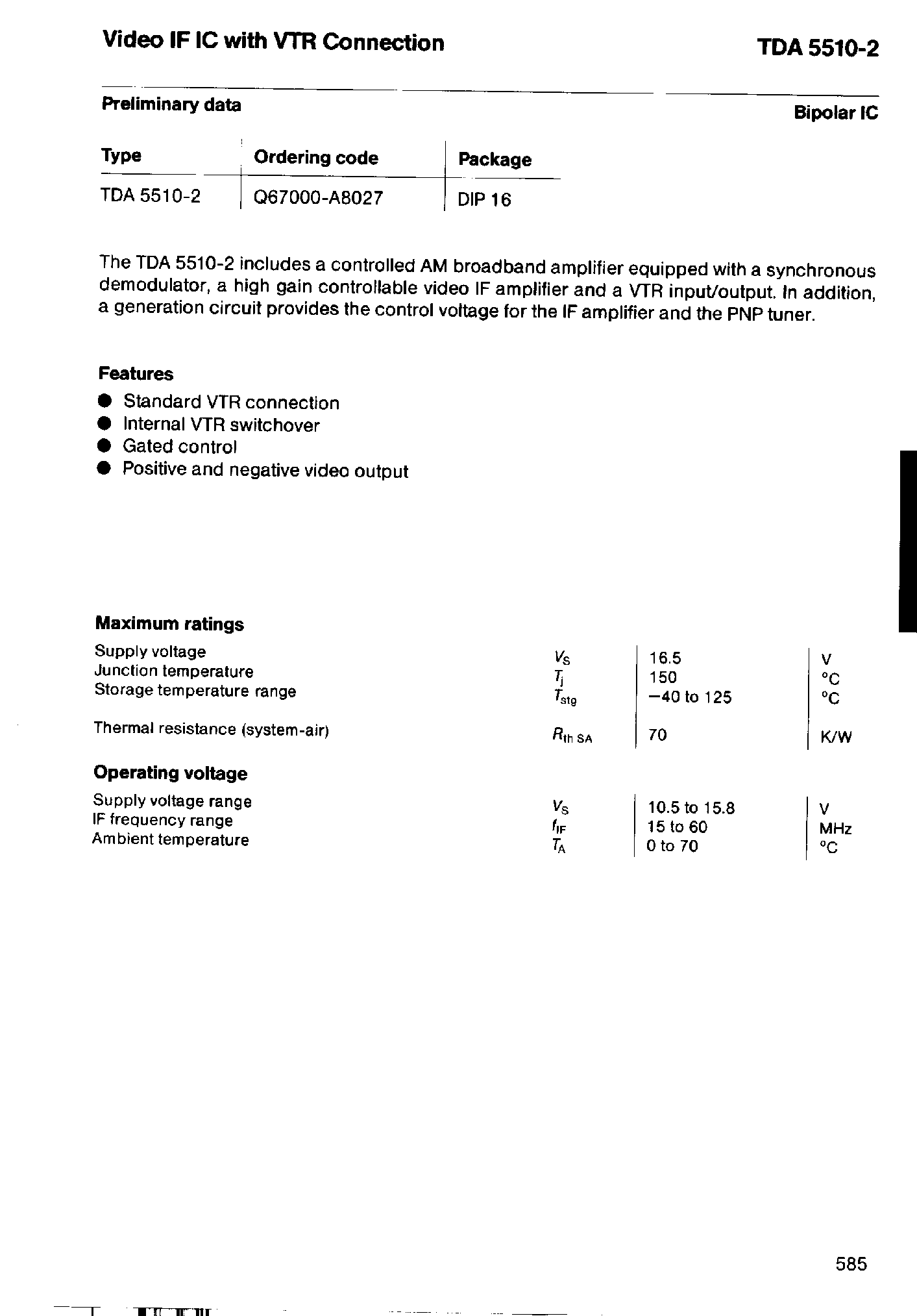 Datasheet TDA5510-2 page 1 Datasheet TDA5510-2 - Video IF IC with VTR Connection page 1