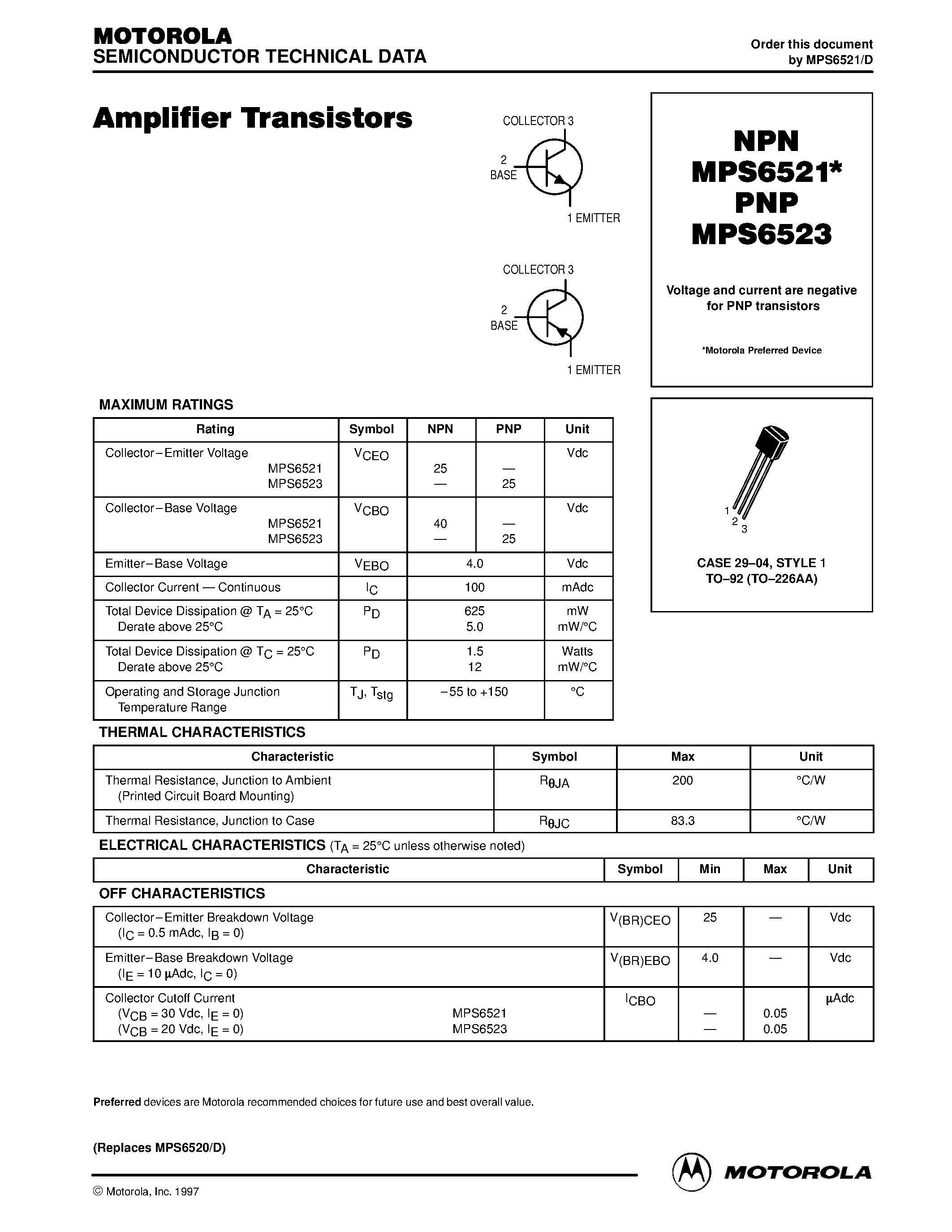 Datasheet MPS6521 page 1 Datasheet MPS6521 - Amplifier Transistors page 1