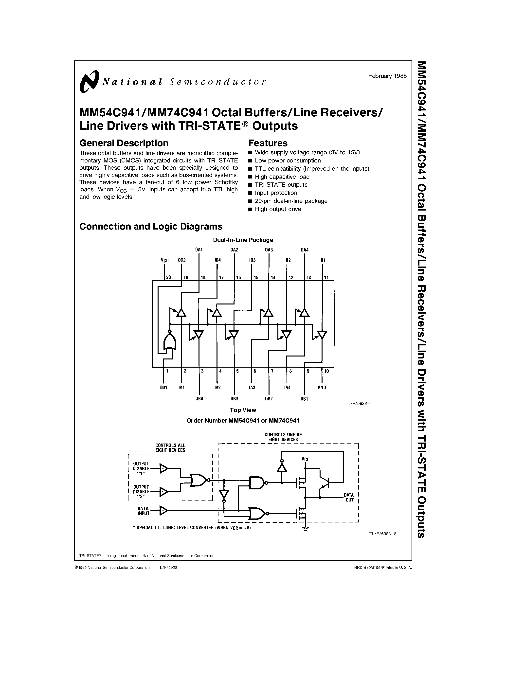 Datasheet MM74C941 - Octal Buffers/Line Receivers/ Line Drivers with TRI-STATE Outputs page 1
