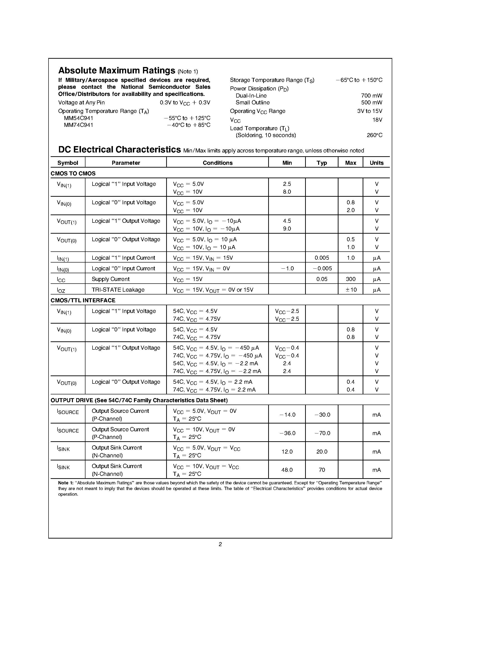 Datasheet MM74C941 - Octal Buffers/Line Receivers/ Line Drivers with TRI-STATE Outputs page 2