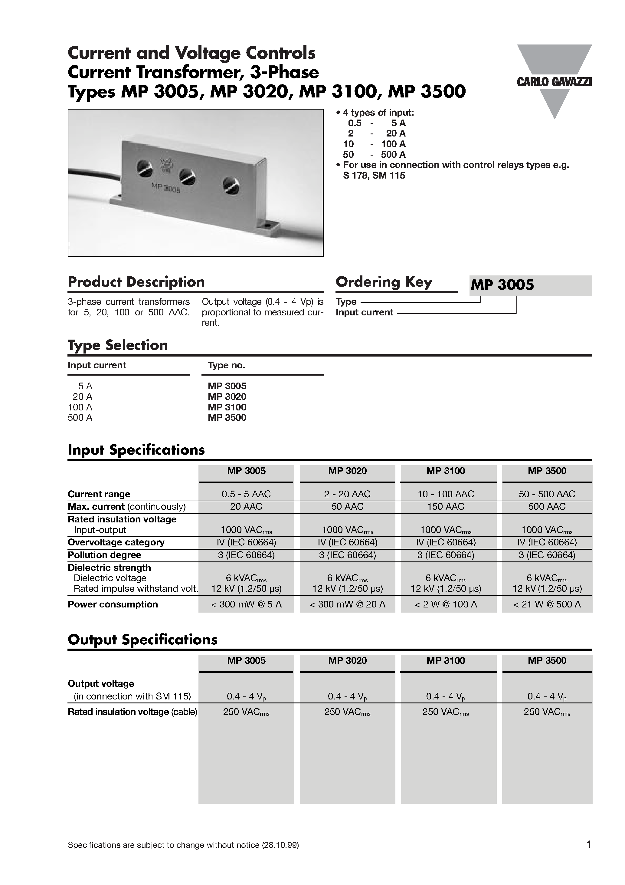 Datasheet MP3005 - Current and Voltage Controls / Current Transformer / 3-Phase page 1