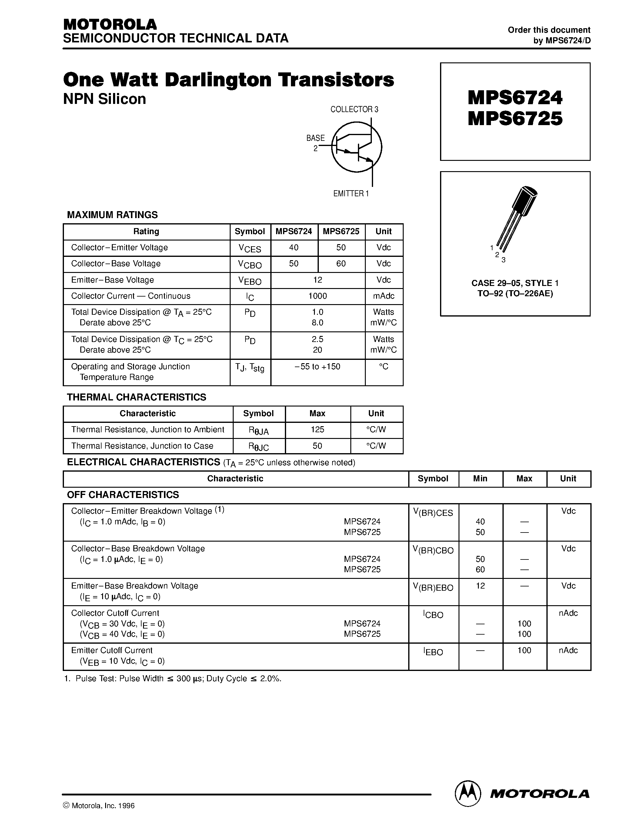 Datasheet MPS6724 page 1 Datasheet MPS6724 - (MPS6724) One Watt Darlington Transistors page 1