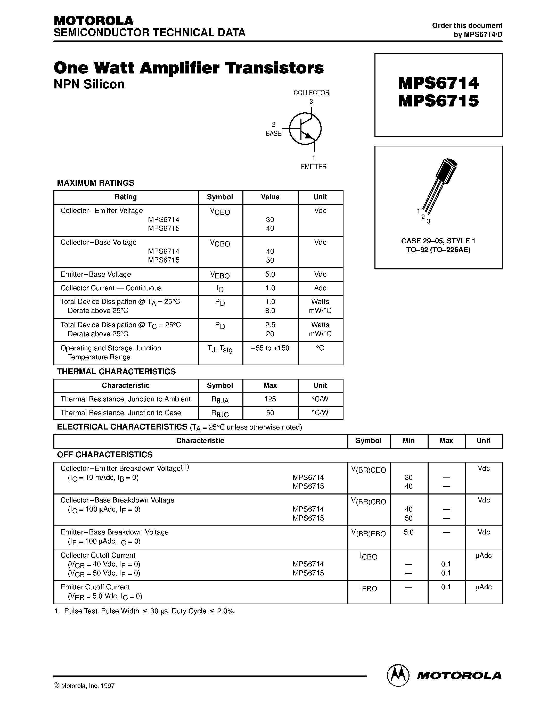 Datasheet MPS6714 page 1 Datasheet MPS6714 - (MPS6714) One Watt Amplifier Transistors page 1