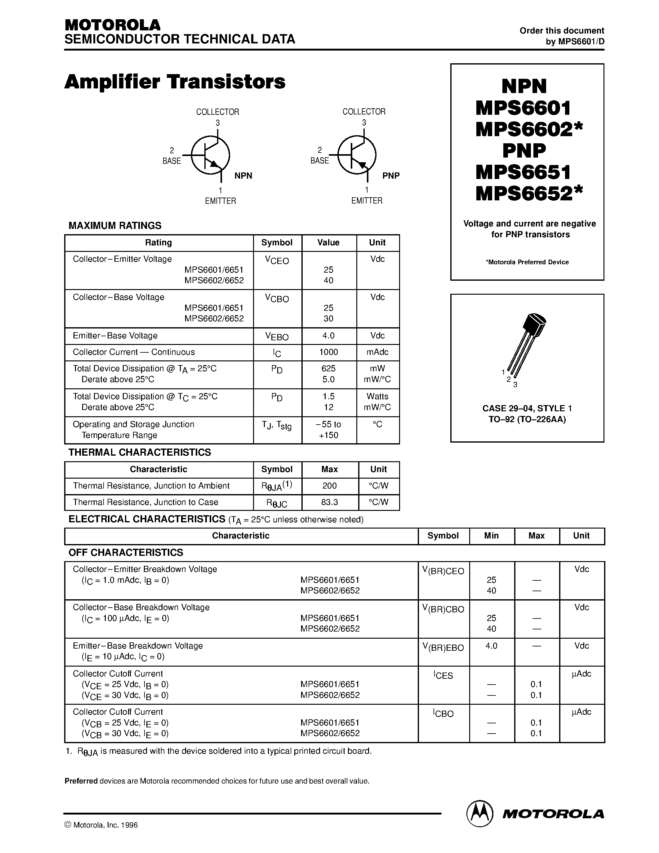 Datasheet MPS6651 - (MPS6651) Amplifier Transistors page 1