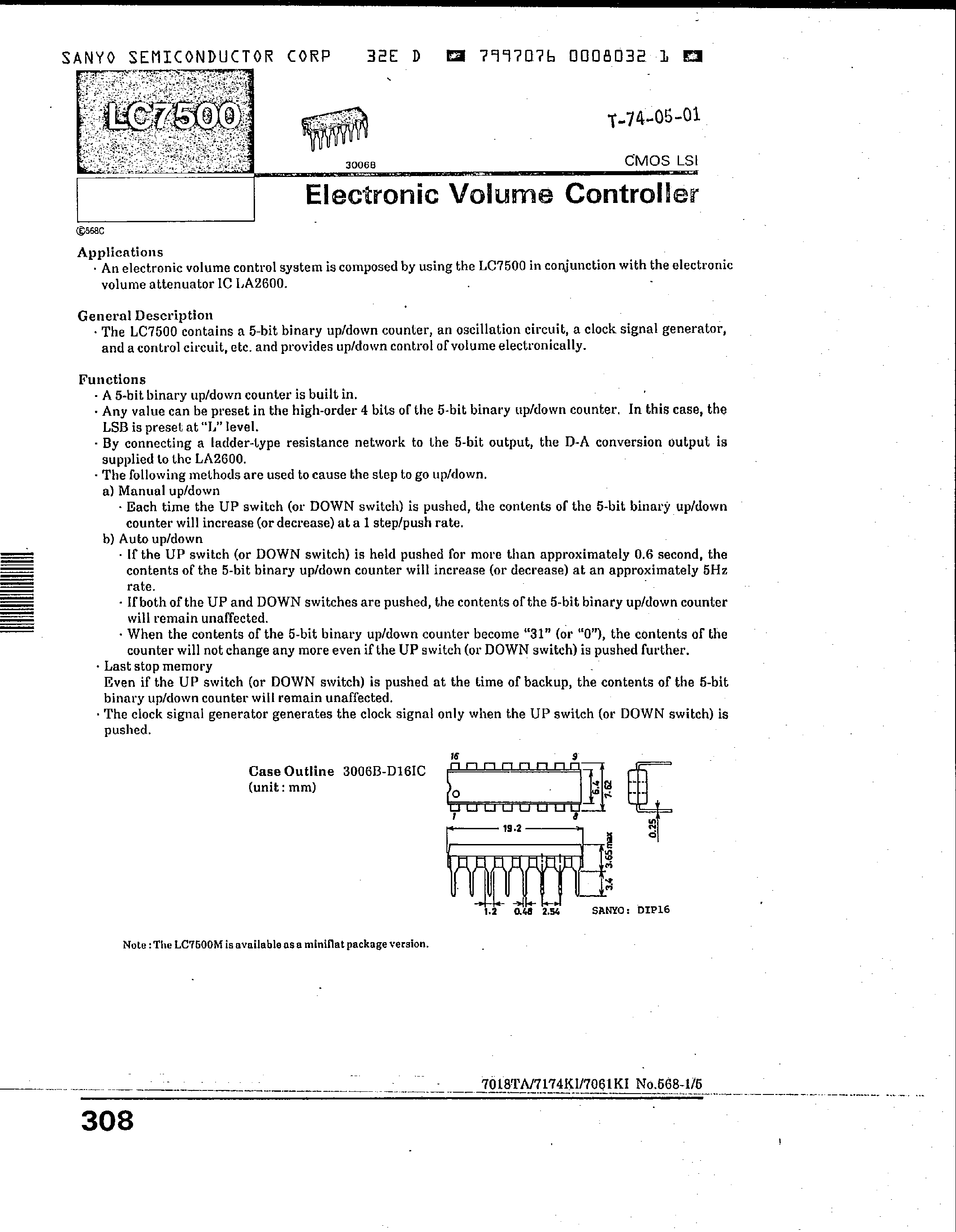 Datasheet LC7500 page 1 Datasheet LC7500 - Electronic Volume Controller page 1
