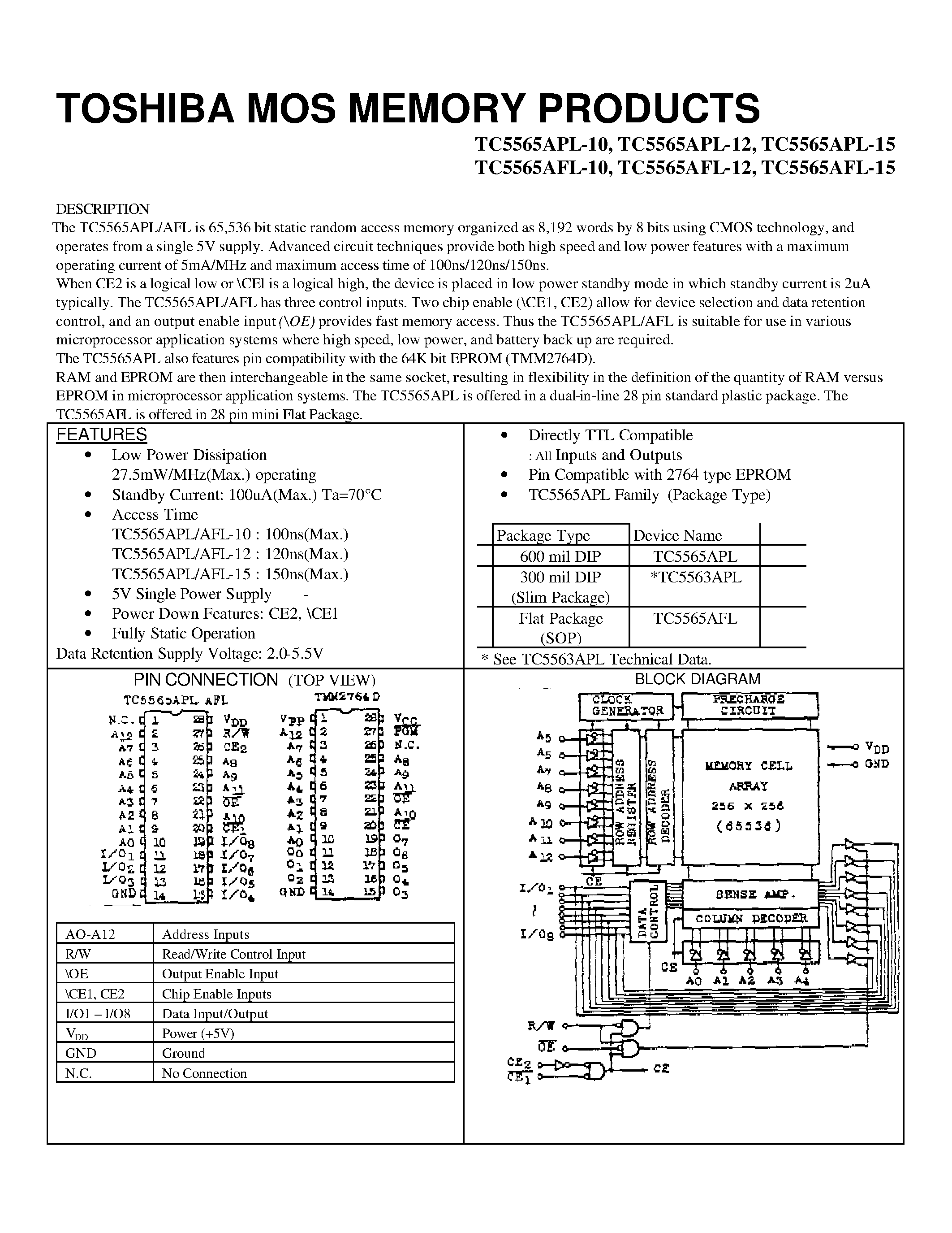 Даташит TC5565 - 65536 bit static random access memory organized as 8192 words by 8 bits using CMOS technology страница 1