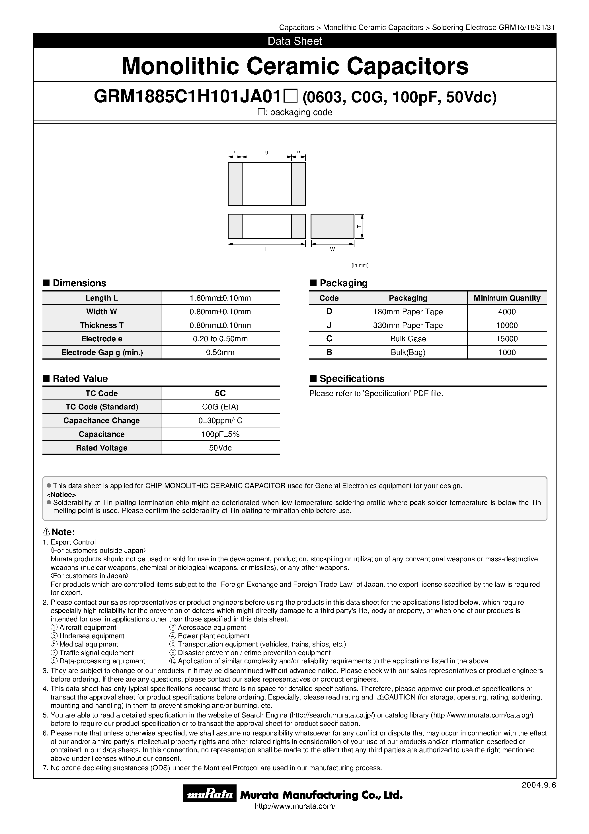 Datasheet GRM1885C1H101JA01 - Monolithic Ceramic Capacitors page 1