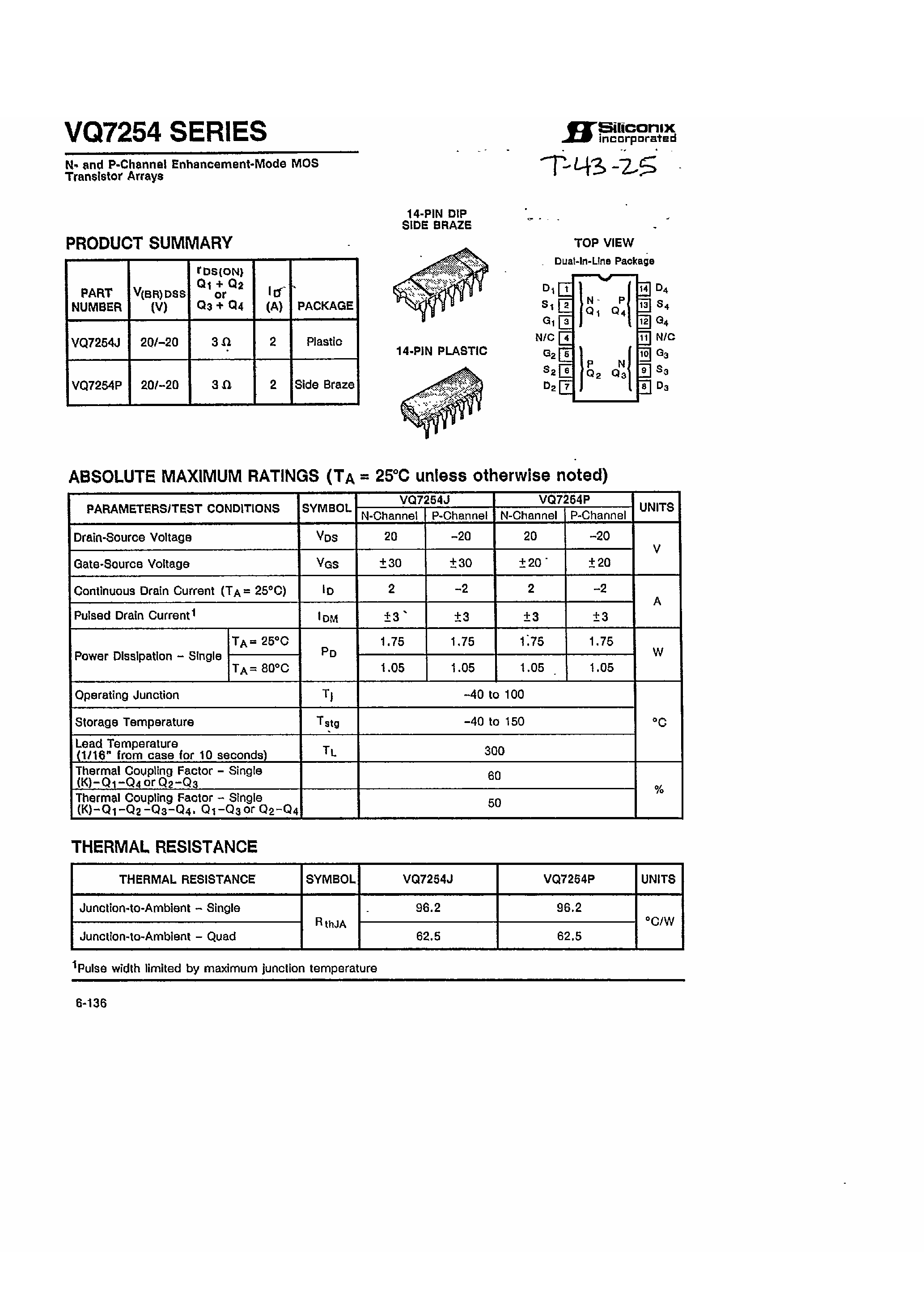 Datasheet VQ7254 page 1 Datasheet VQ7254 - N and P-Channel Quad Power MOSFET Arrays page 1