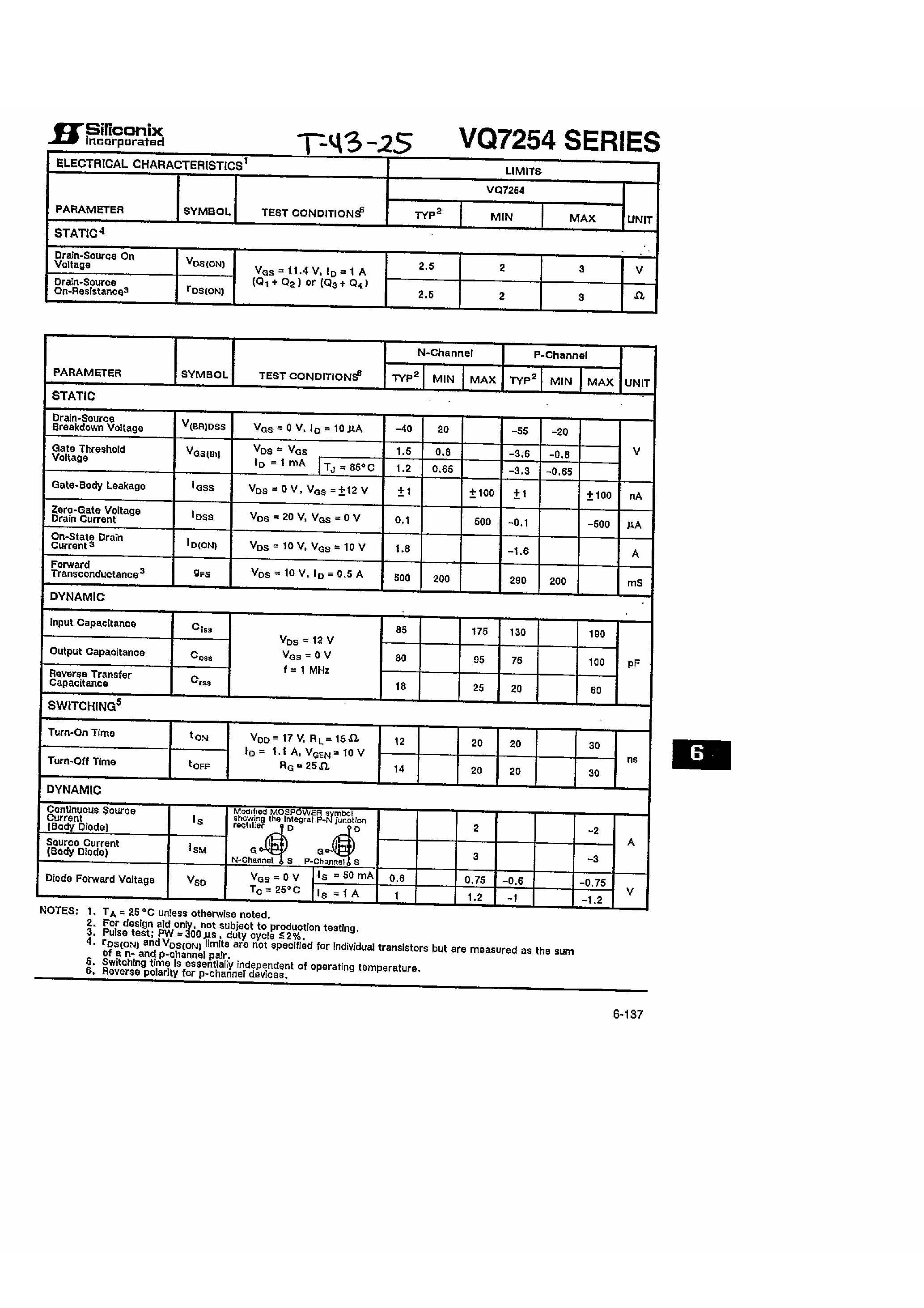 Datasheet VQ7254 page 2 Datasheet VQ7254 - N and P-Channel Quad Power MOSFET Arrays page 2