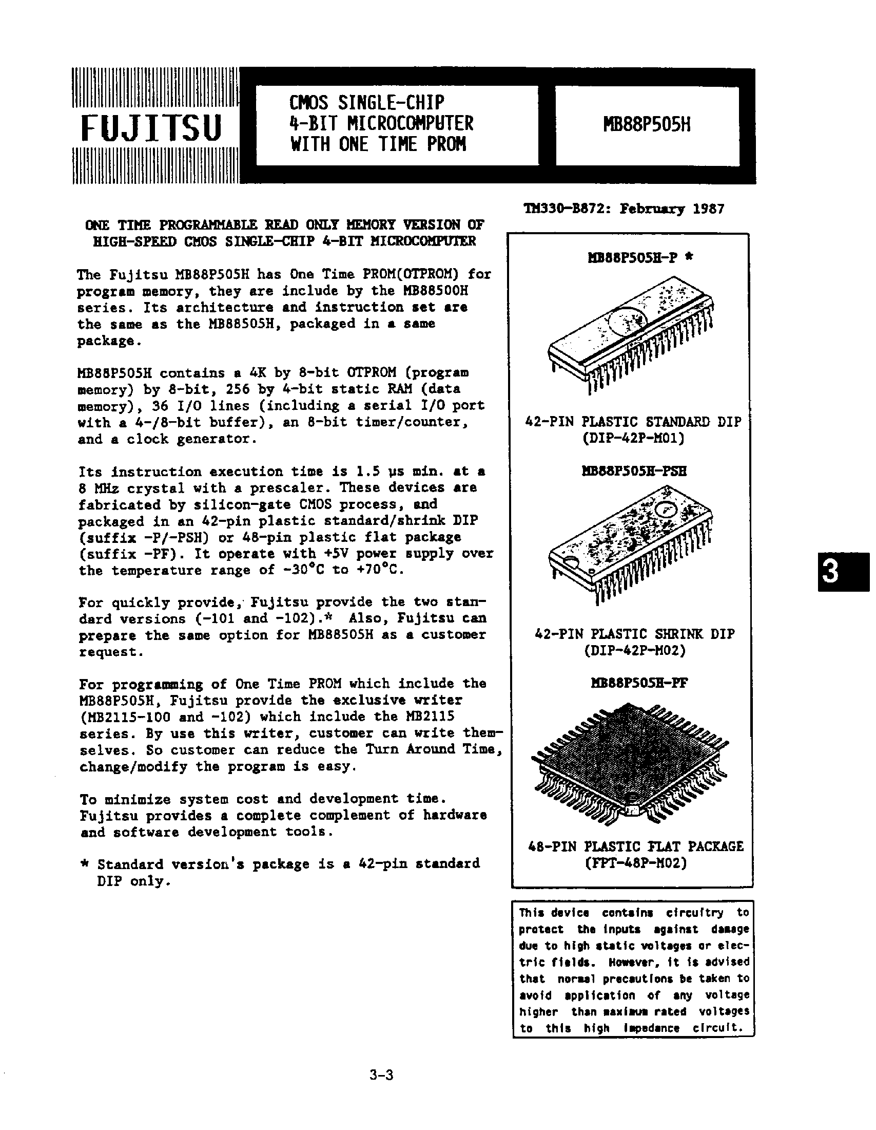 Datasheet MB88505H - CMOS Single-Chip 4-Bit Microcomputer with one time PROM page 1
